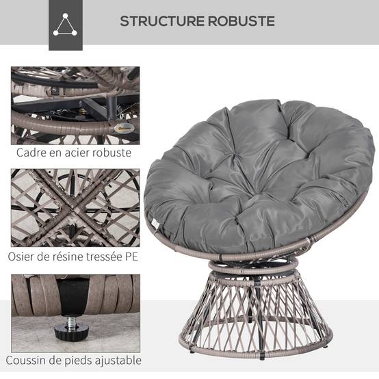 Fauteuil de jardin pivotant résine tressée gris 87 x 97 x 86 cm - PANGIVO - Image 8