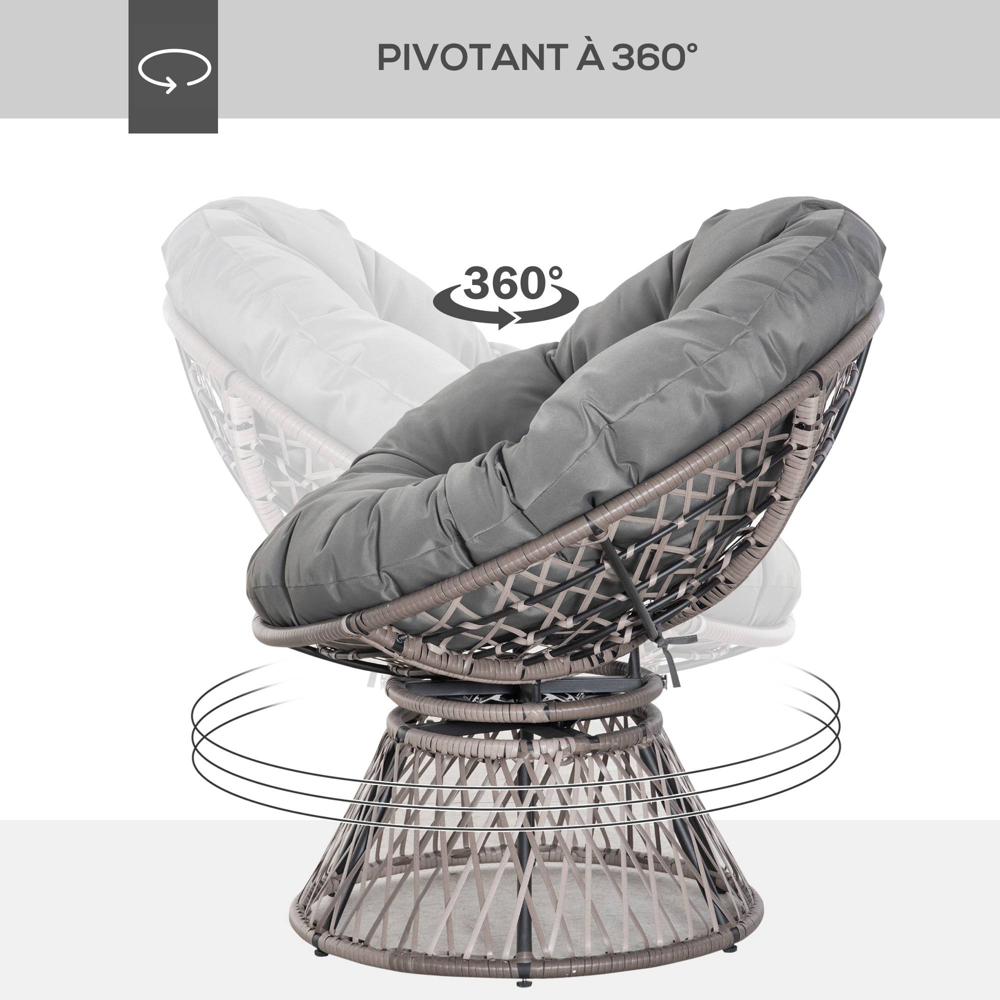 Fauteuil de jardin pivotant résine tressée gris 87 x 97 x 86 cm - PANGIVO - Image 6