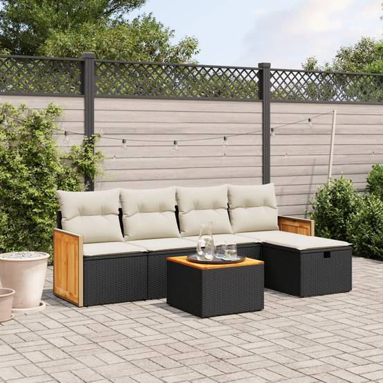 Salon de jardin 6 pièces résine tressée avec table basse en bois d'acacia et pouf Noir – ComfortXL Outdoor Living - Image 1