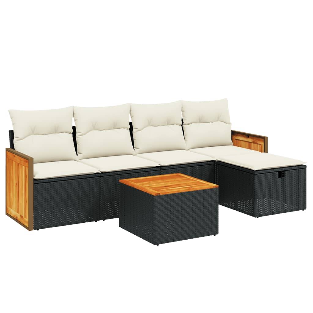 Salon de jardin 6 pièces résine tressée avec table basse en bois d'acacia et pouf Noir – ComfortXL Outdoor Living - Image 2