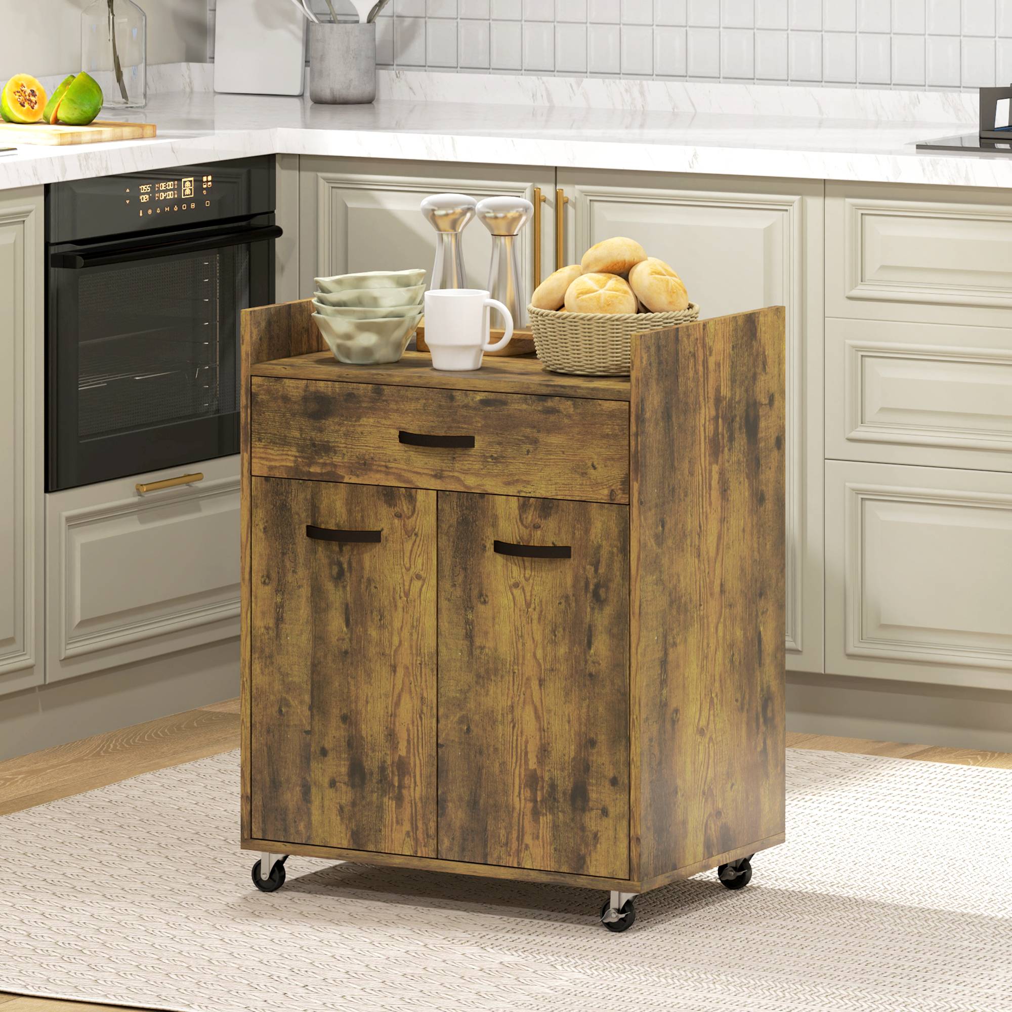 Sans Marque - Desserte cuisine tiroir placard 4 roulettes bois 60x40x77 cm marron rustique - Image 4