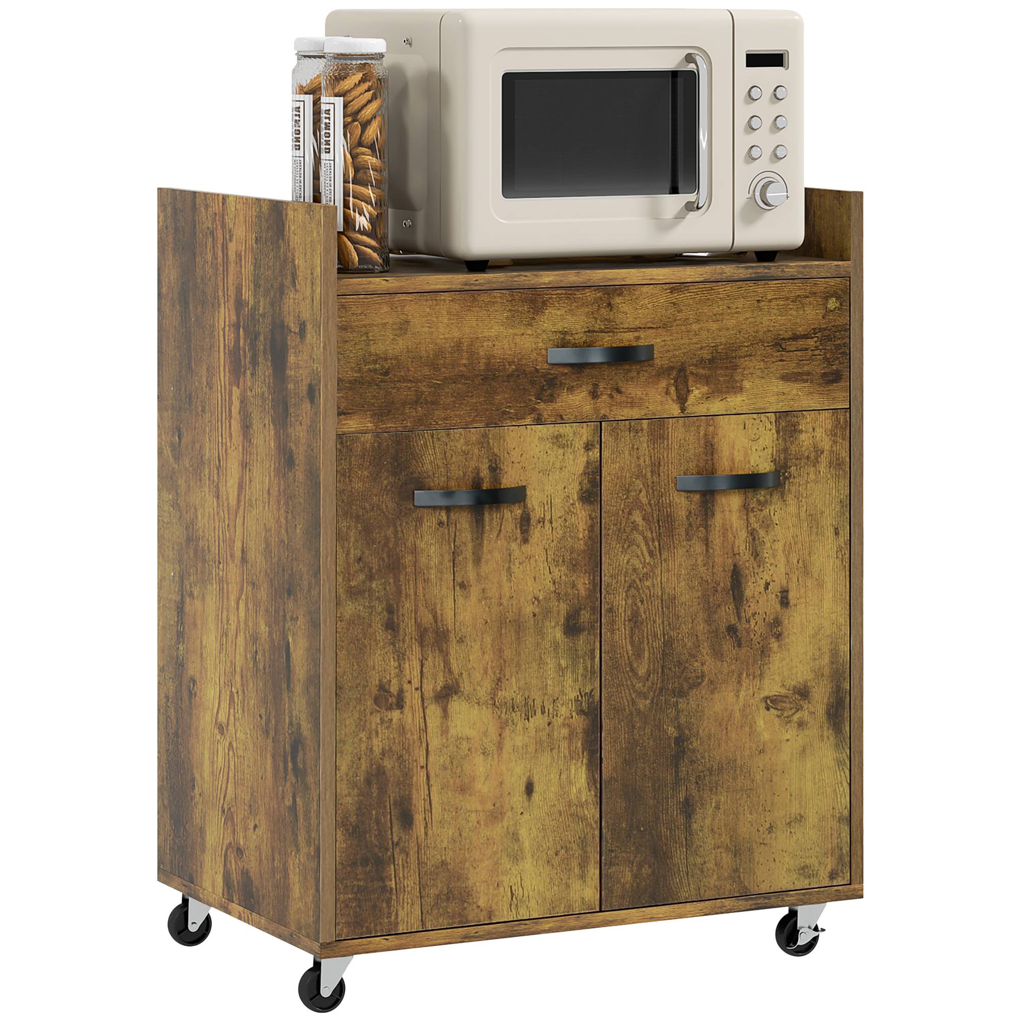 Sans Marque - Desserte cuisine tiroir placard 4 roulettes bois 60x40x77 cm marron rustique - Image 1