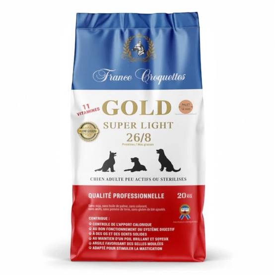 france croquettes pour chien adulte Gold Super Light 26/8 low grain -20kg - stérilisé et/ou embonpoint - haute finition - formule allégée