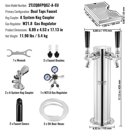VEVOR Kit colonne bière double robinet, inox, régulateur double jauge. Coupleur système A, bar. - Image 7