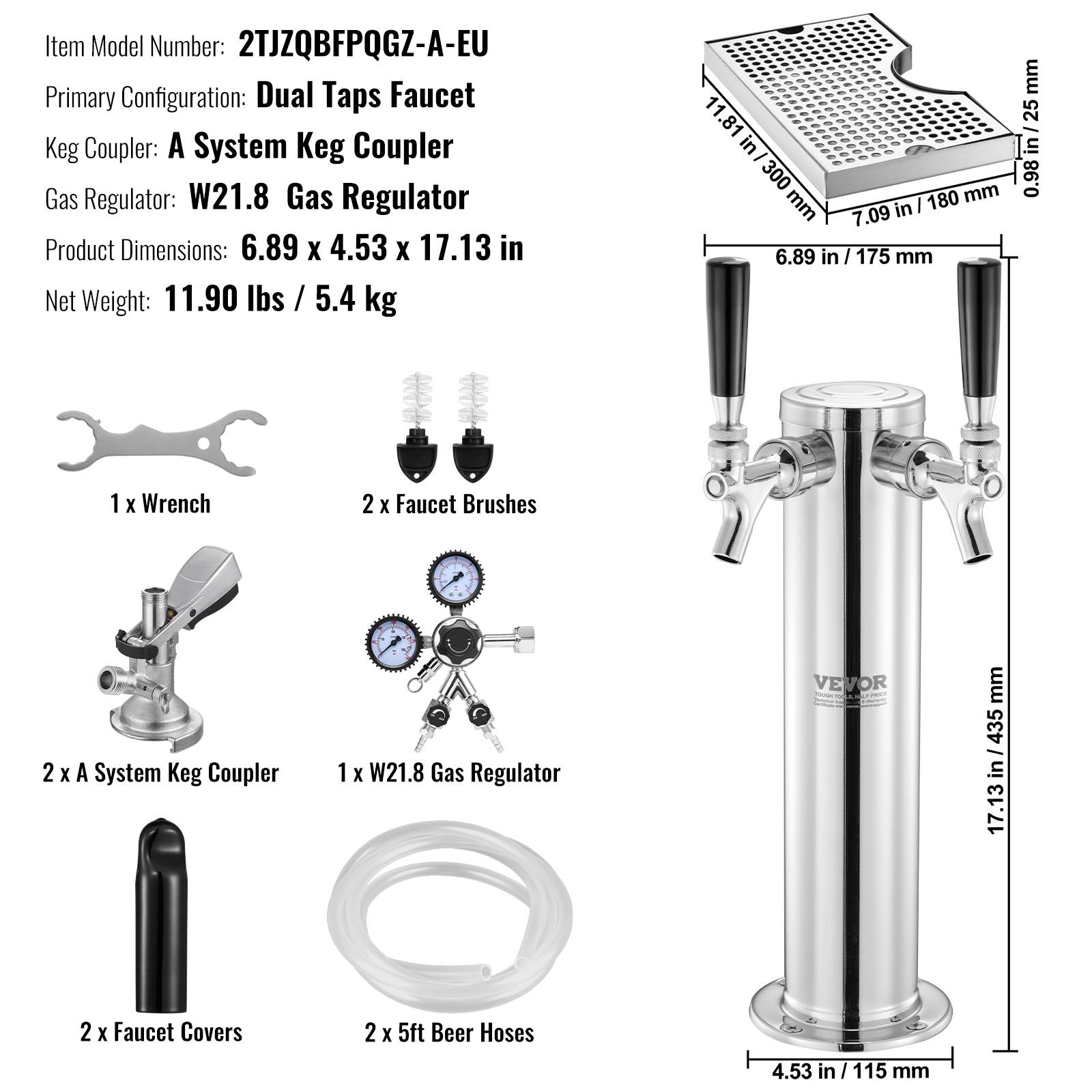 VEVOR Kit colonne bière double robinet, inox, régulateur double jauge. Coupleur système A, bar. - Image 7