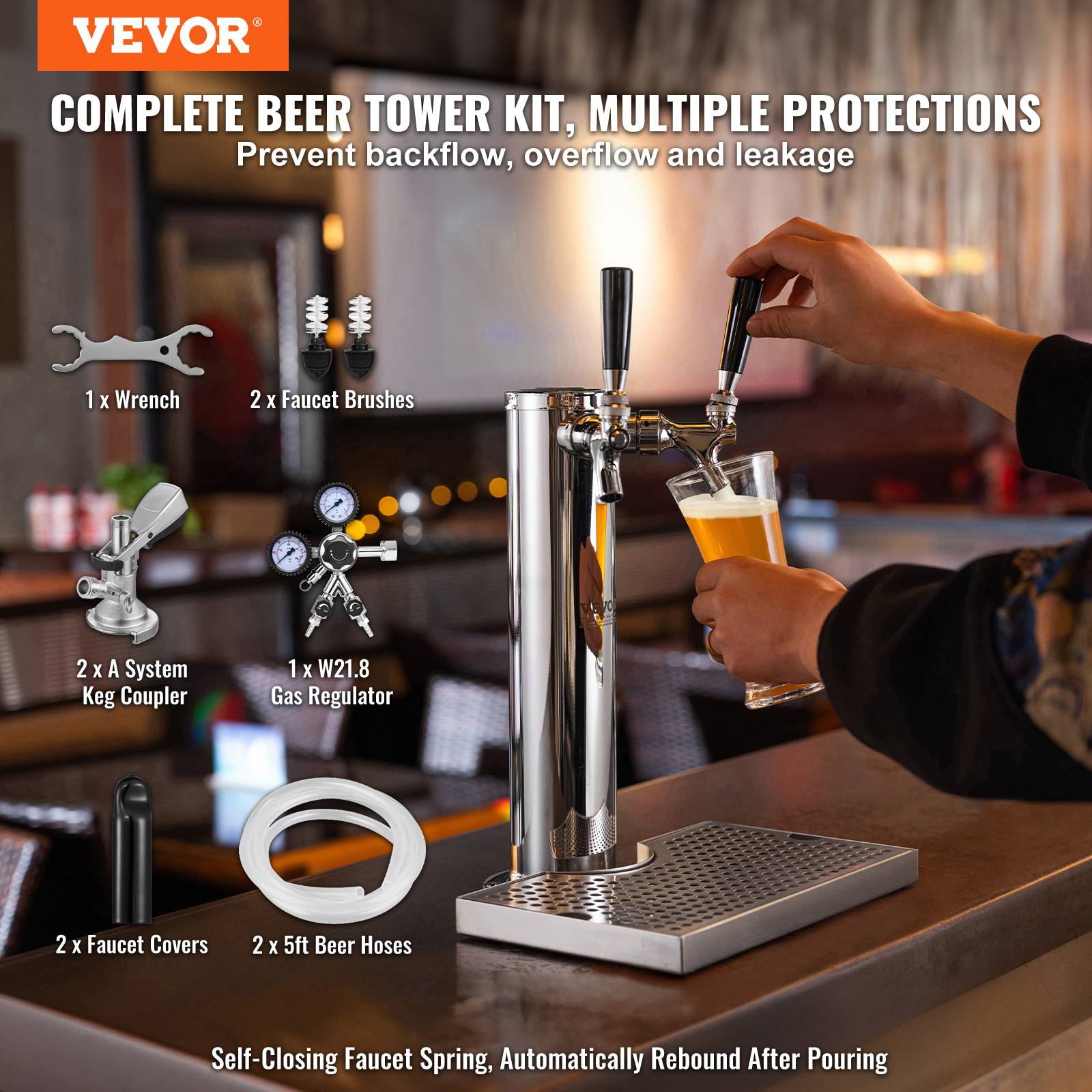 VEVOR Kit colonne bière double robinet, inox, régulateur double jauge. Coupleur système A, bar. - Image 2