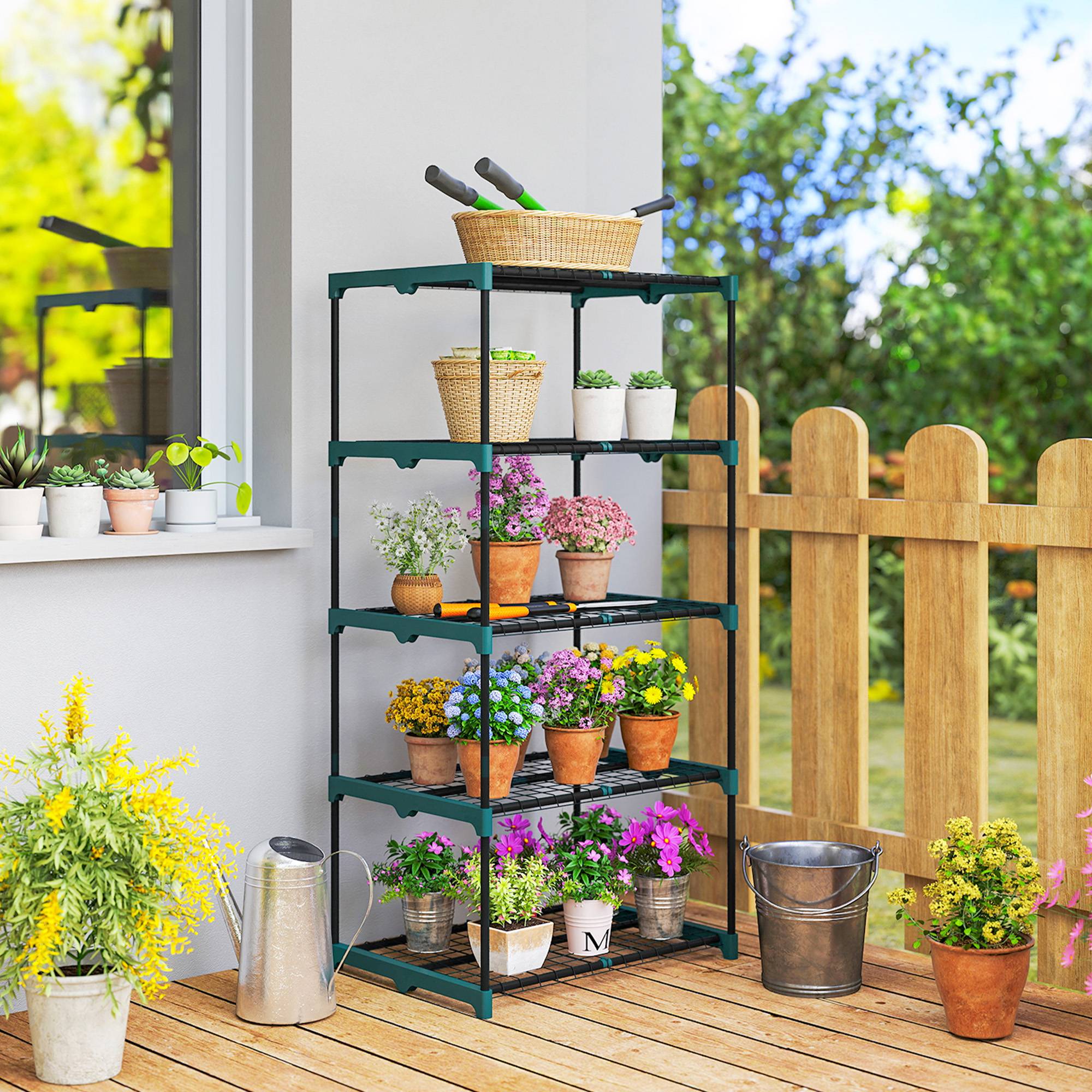 Sans Marque - Étagère à fleurs en acier 5 niveaux intérieur et extérieur support de plantes pour jardin balcon salon 67x49x138cm vert - Image 4