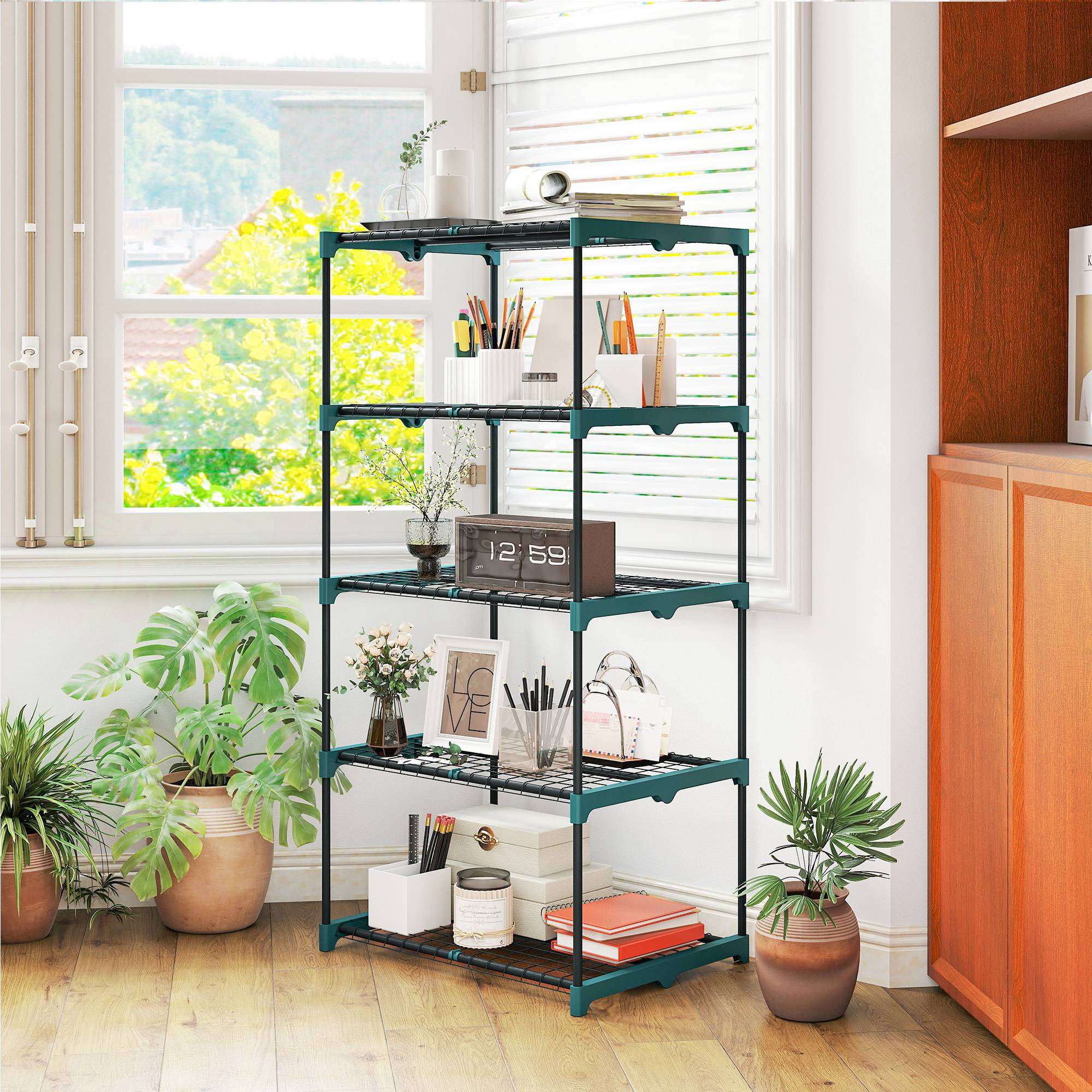 Sans Marque - Étagère à fleurs en acier 5 niveaux intérieur et extérieur support de plantes pour jardin balcon salon 67x49x138cm vert - Image 10
