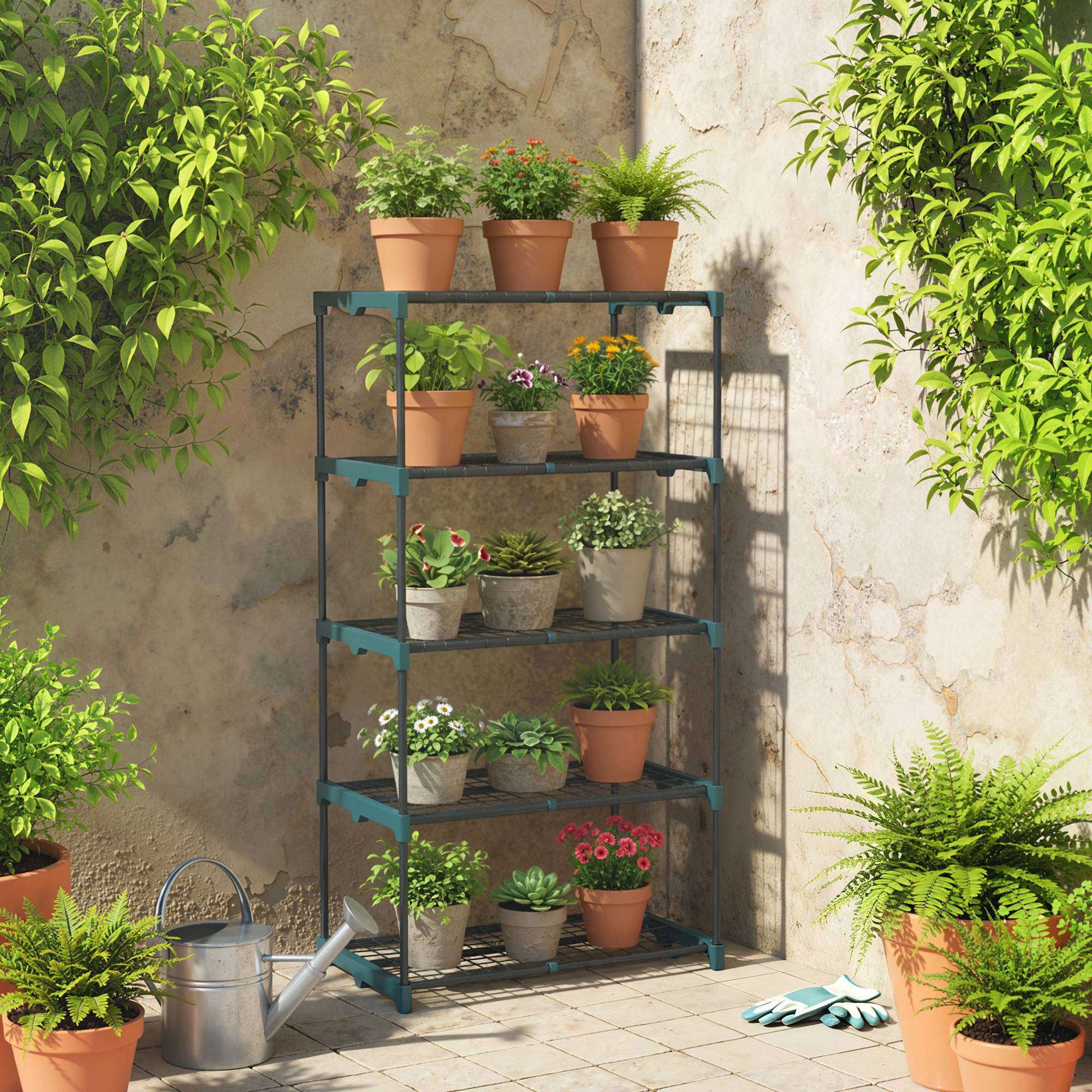 Sans Marque - Étagère à fleurs en acier 5 niveaux intérieur et extérieur support de plantes pour jardin balcon salon 67x49x138cm vert - Image 3
