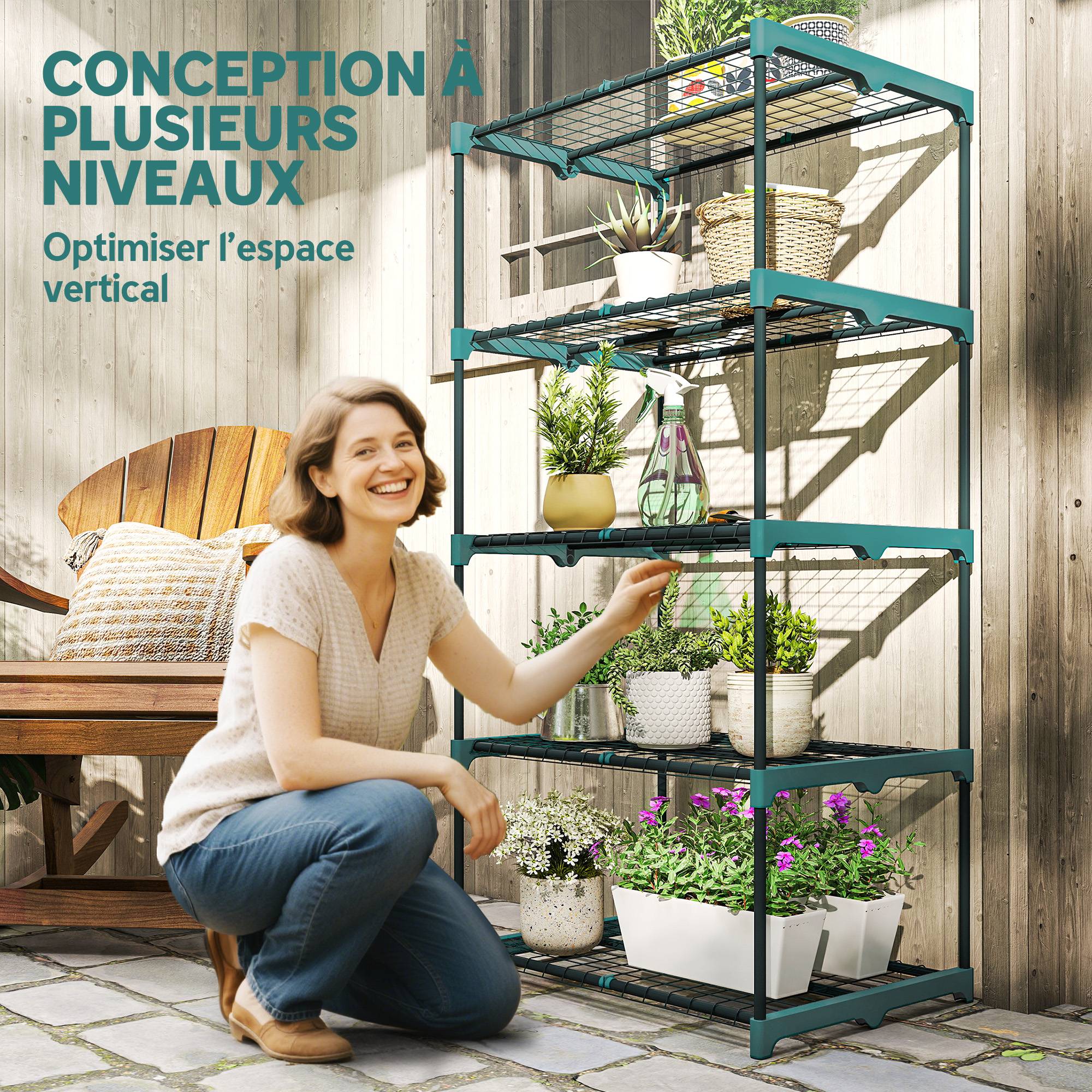 Sans Marque - Étagère à fleurs en acier 5 niveaux intérieur et extérieur support de plantes pour jardin balcon salon 67x49x138cm vert - Image 6