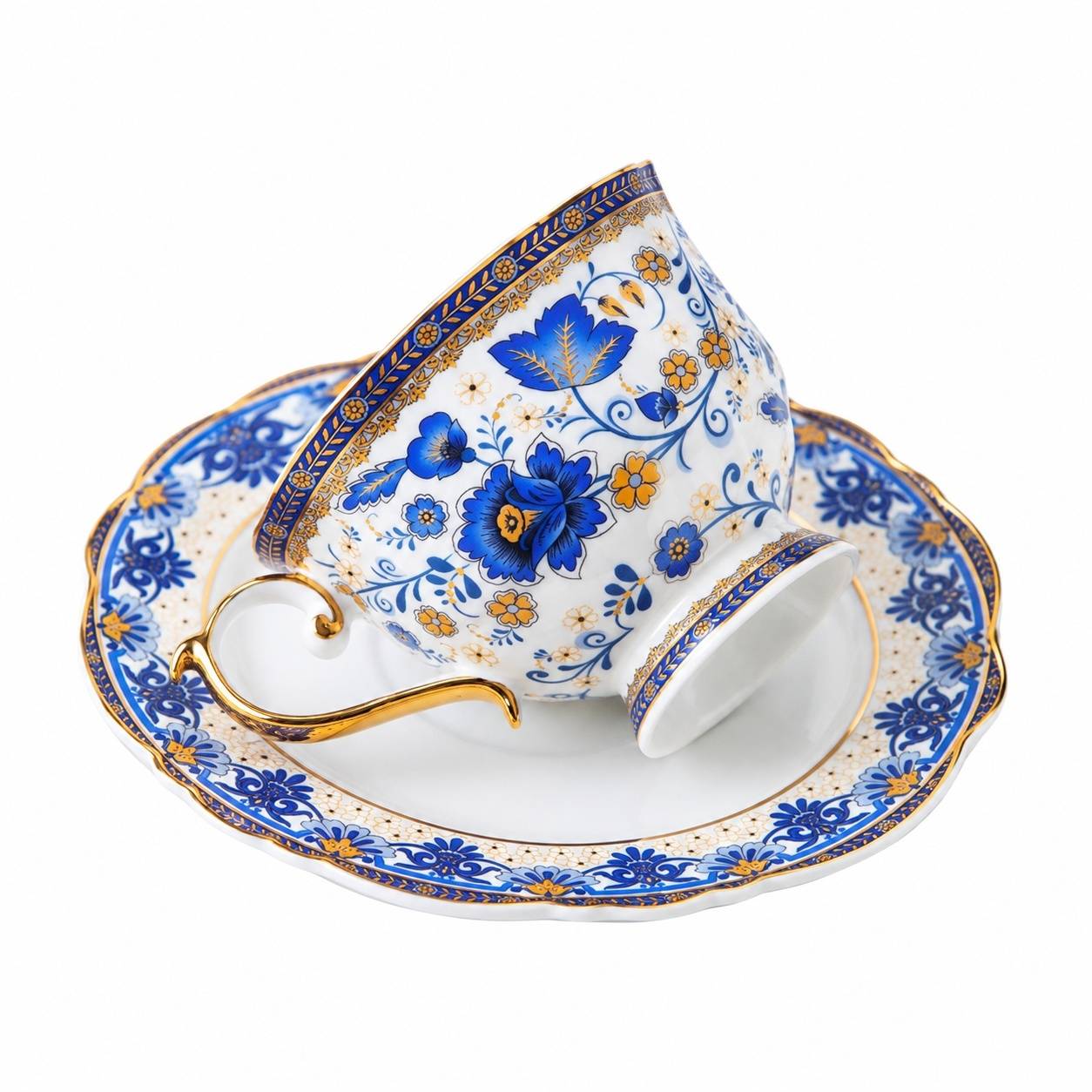 Tasse à Café et Sous-tasse en Porcelaine Fine Motif Fleurs Bleues 200ml - Image 1