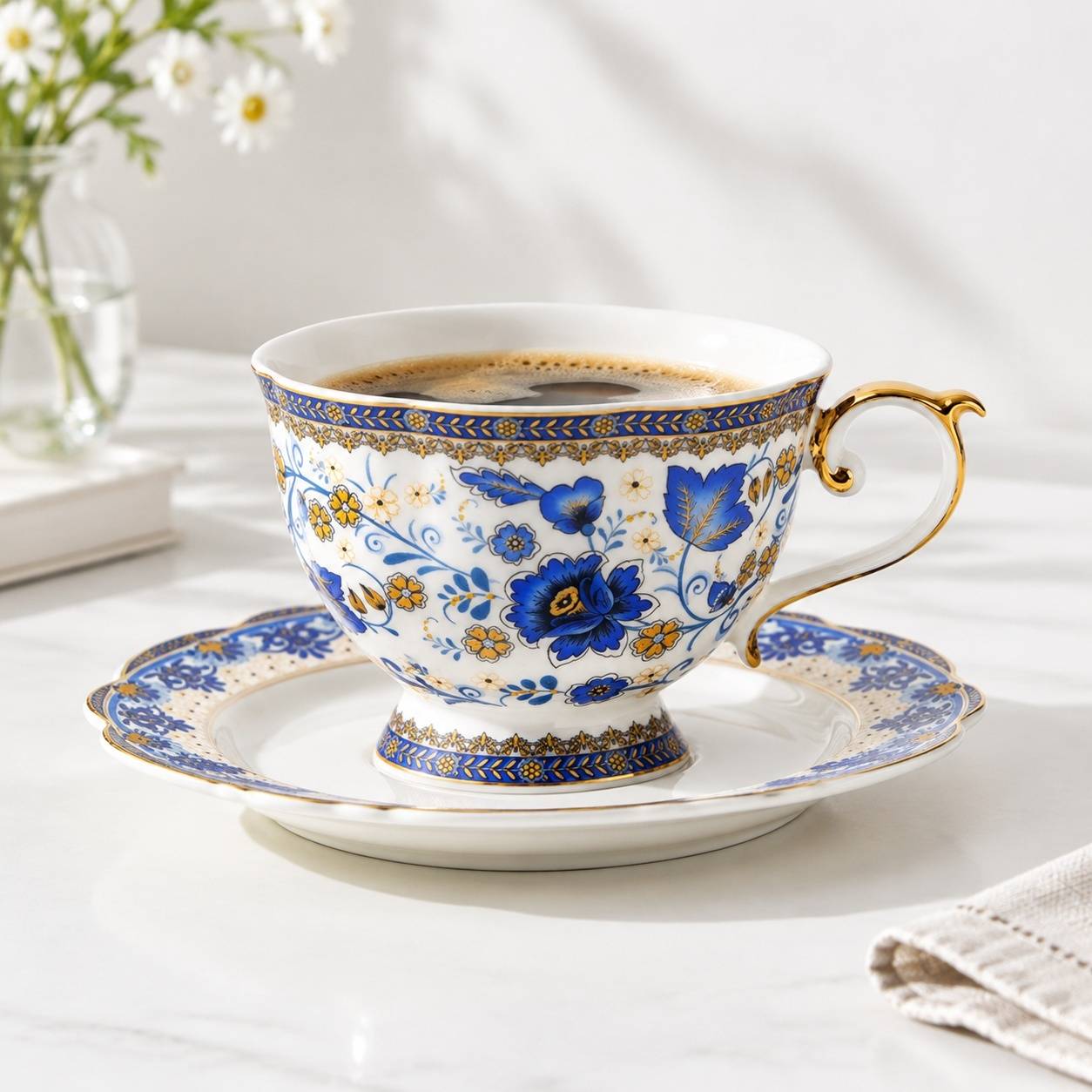 Tasse à Café et Sous-tasse en Porcelaine Fine Motif Fleurs Bleues 200ml - Image 2