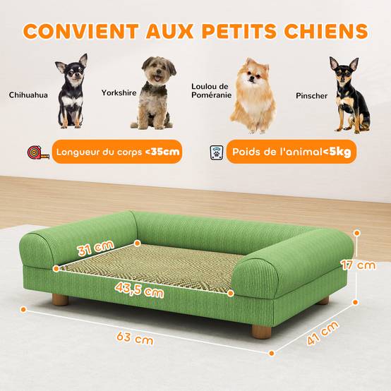 Canapé pour chien chat lit pour chien surélevé, assise de tapis frais, accoudoirs, en velours doux 63 x 41 x 17 cm, vert - Image 5