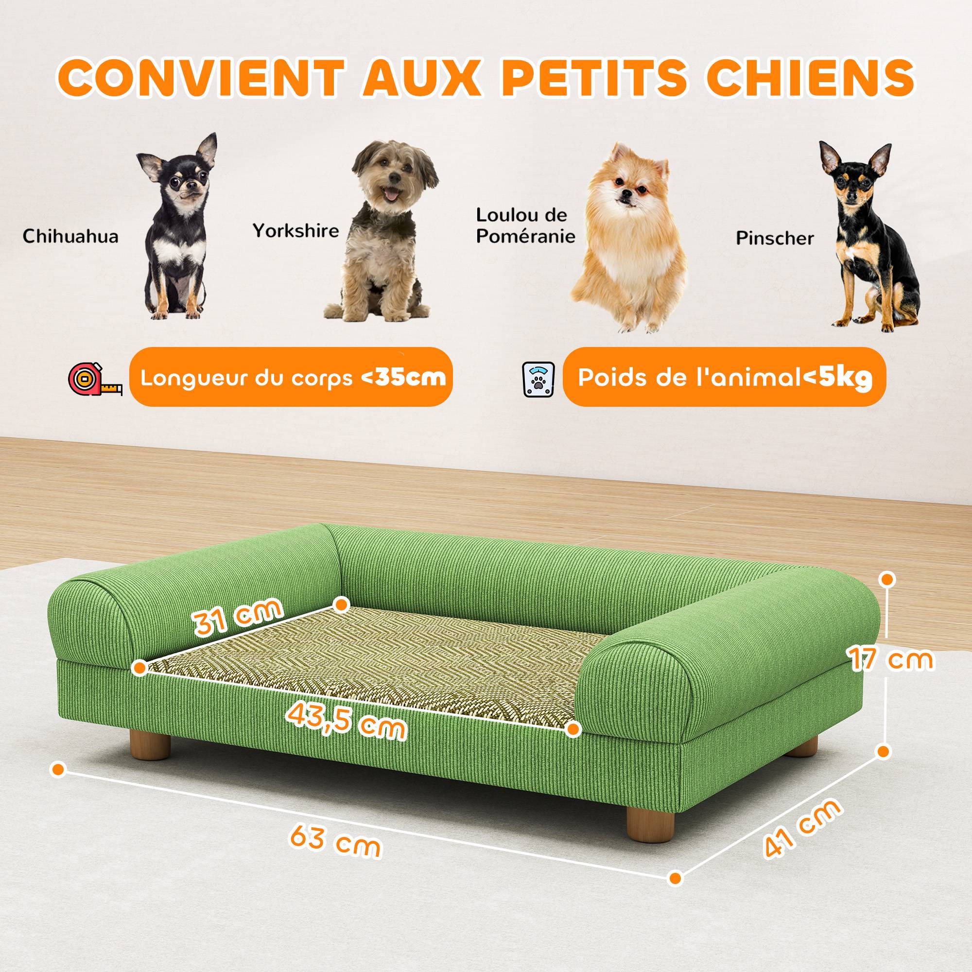 Canapé pour chien chat lit pour chien surélevé, assise de tapis frais, accoudoirs, en velours doux 63 x 41 x 17 cm, vert - Image 5