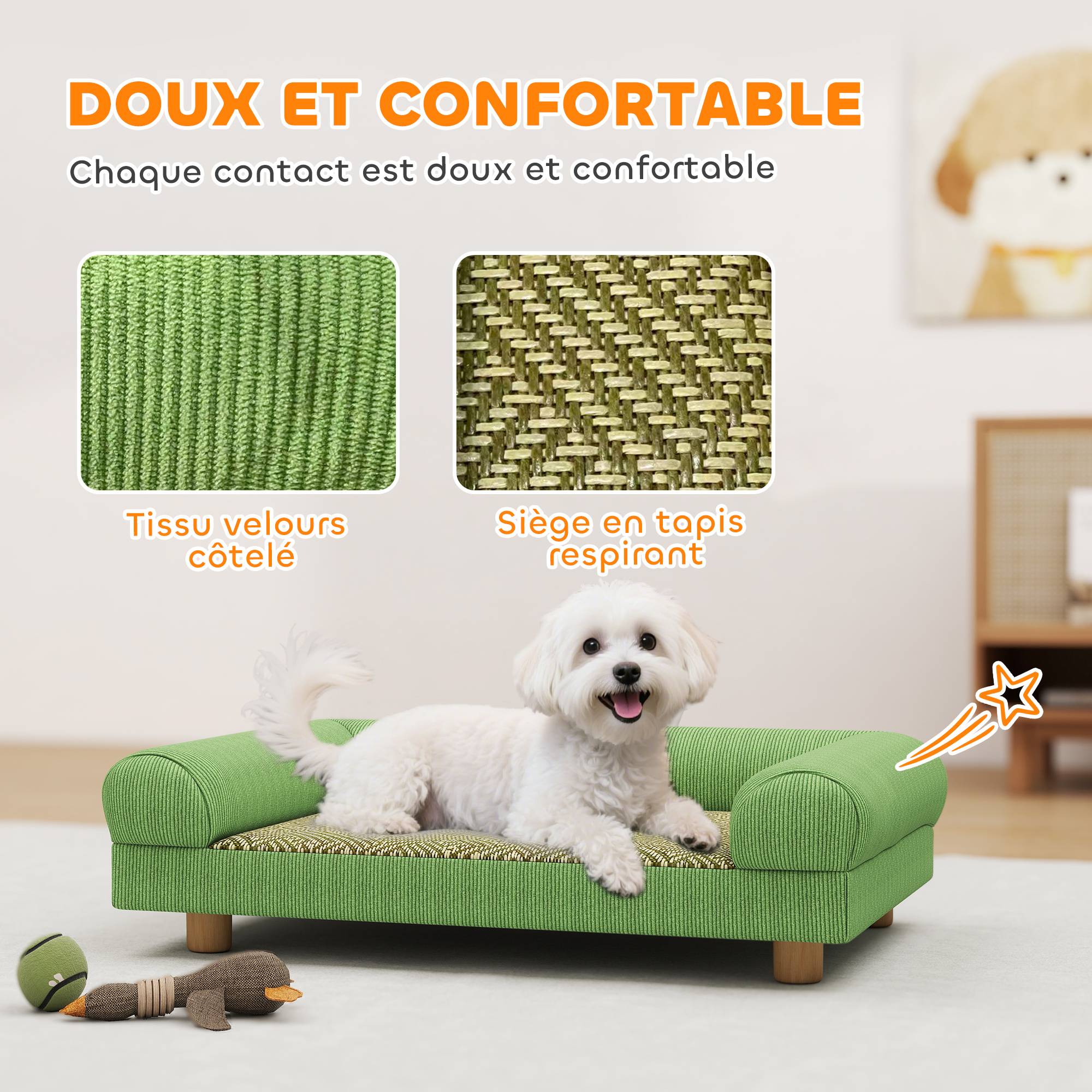 Canapé pour chien chat lit pour chien surélevé, assise de tapis frais, accoudoirs, en velours doux 63 x 41 x 17 cm, vert - Image 6