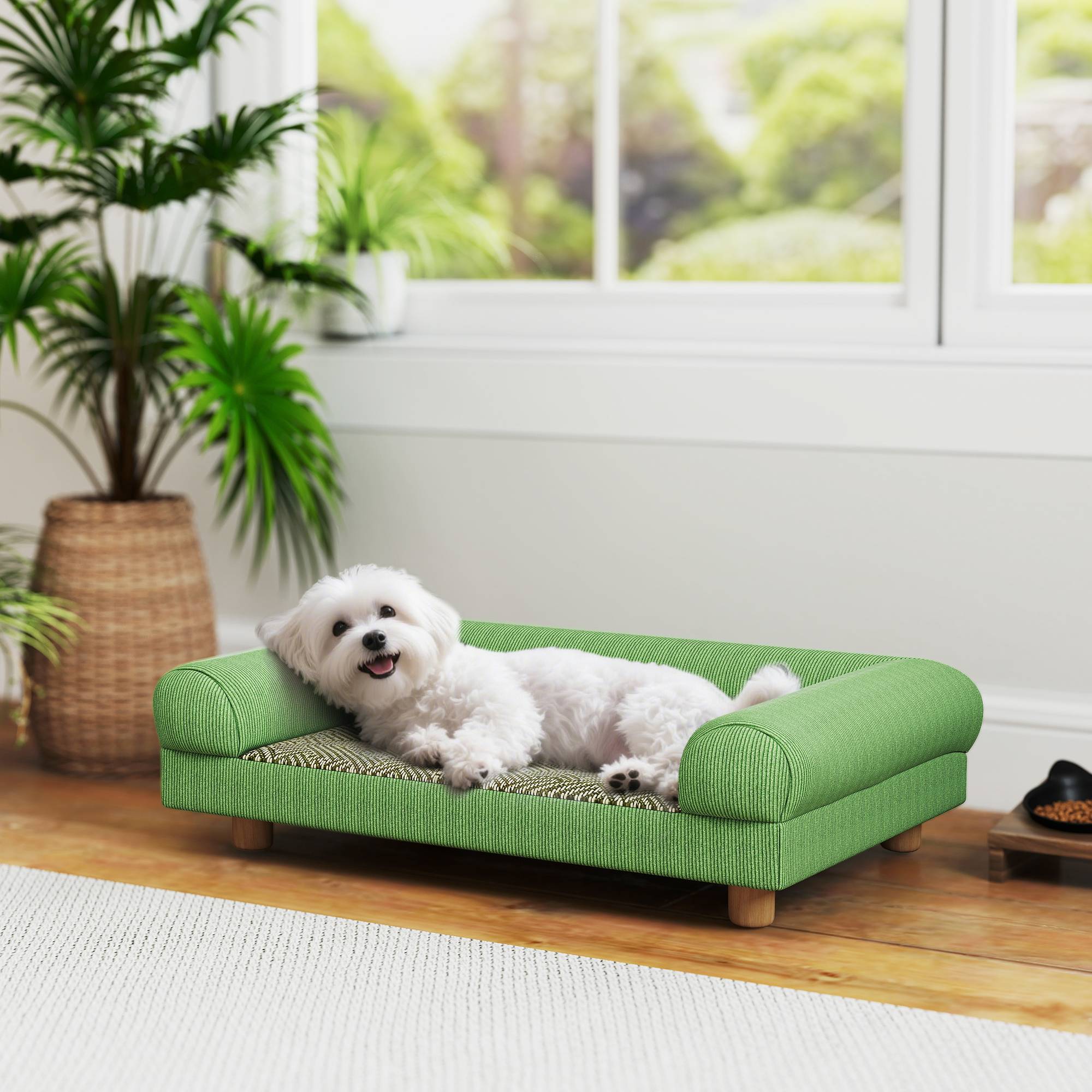 Canapé pour chien chat lit pour chien surélevé, assise de tapis frais, accoudoirs, en velours doux 63 x 41 x 17 cm, vert - Image 3