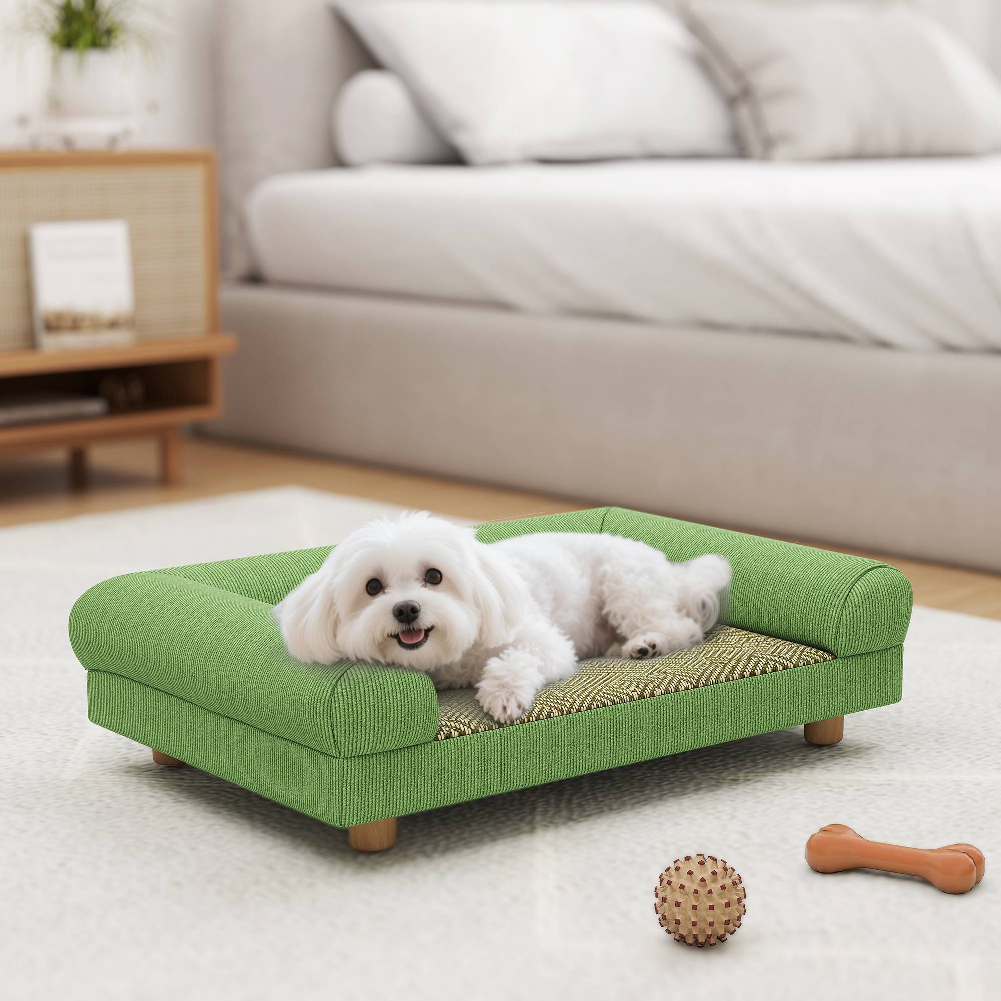 Canapé pour chien chat lit pour chien surélevé, assise de tapis frais, accoudoirs, en velours doux 63 x 41 x 17 cm, vert - Image 4