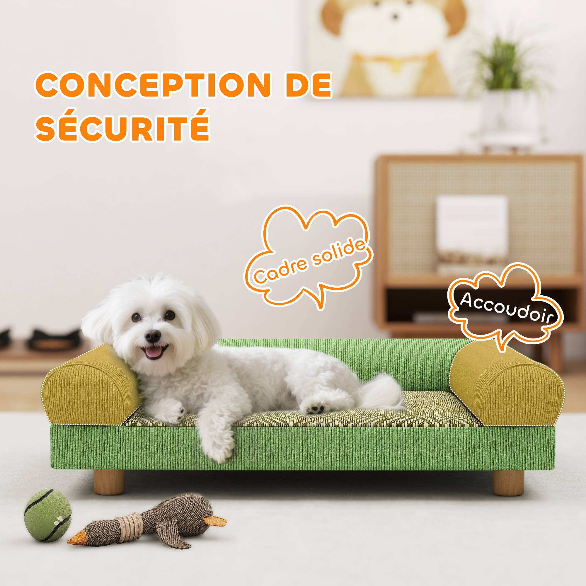 Canapé pour chien chat lit pour chien surélevé, assise de tapis frais, accoudoirs, en velours doux 63 x 41 x 17 cm, vert - Image 7