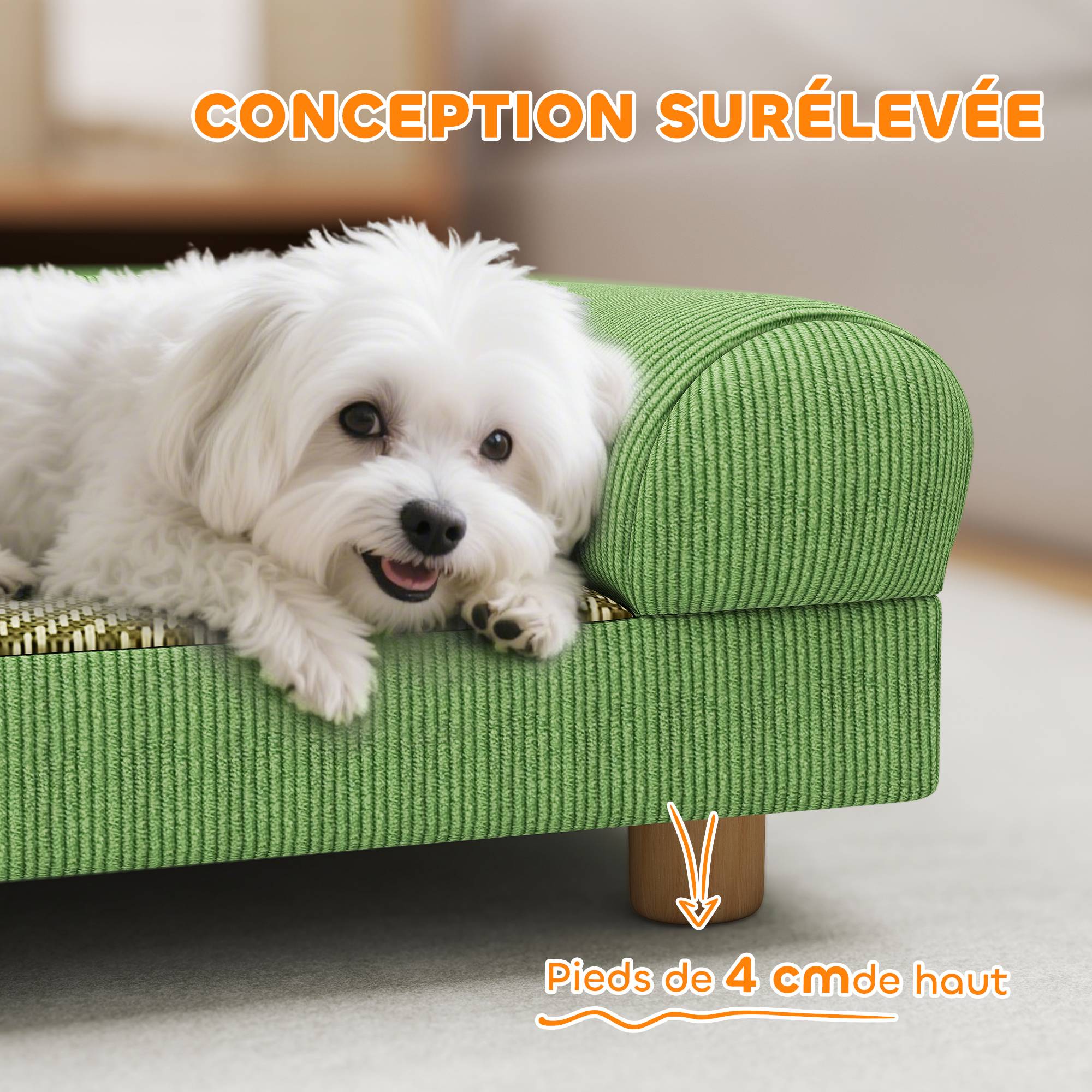 Canapé pour chien chat lit pour chien surélevé, assise de tapis frais, accoudoirs, en velours doux 63 x 41 x 17 cm, vert - Image 8