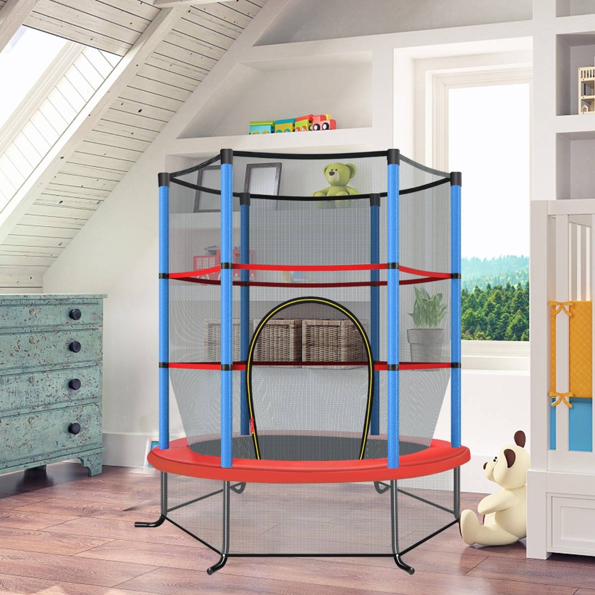 Trampoline de Jardin pour Enfants Ø165CM avec Filet de Protection Appuis de Ressorts et Structure en Acier Bleu F405R - Image 2