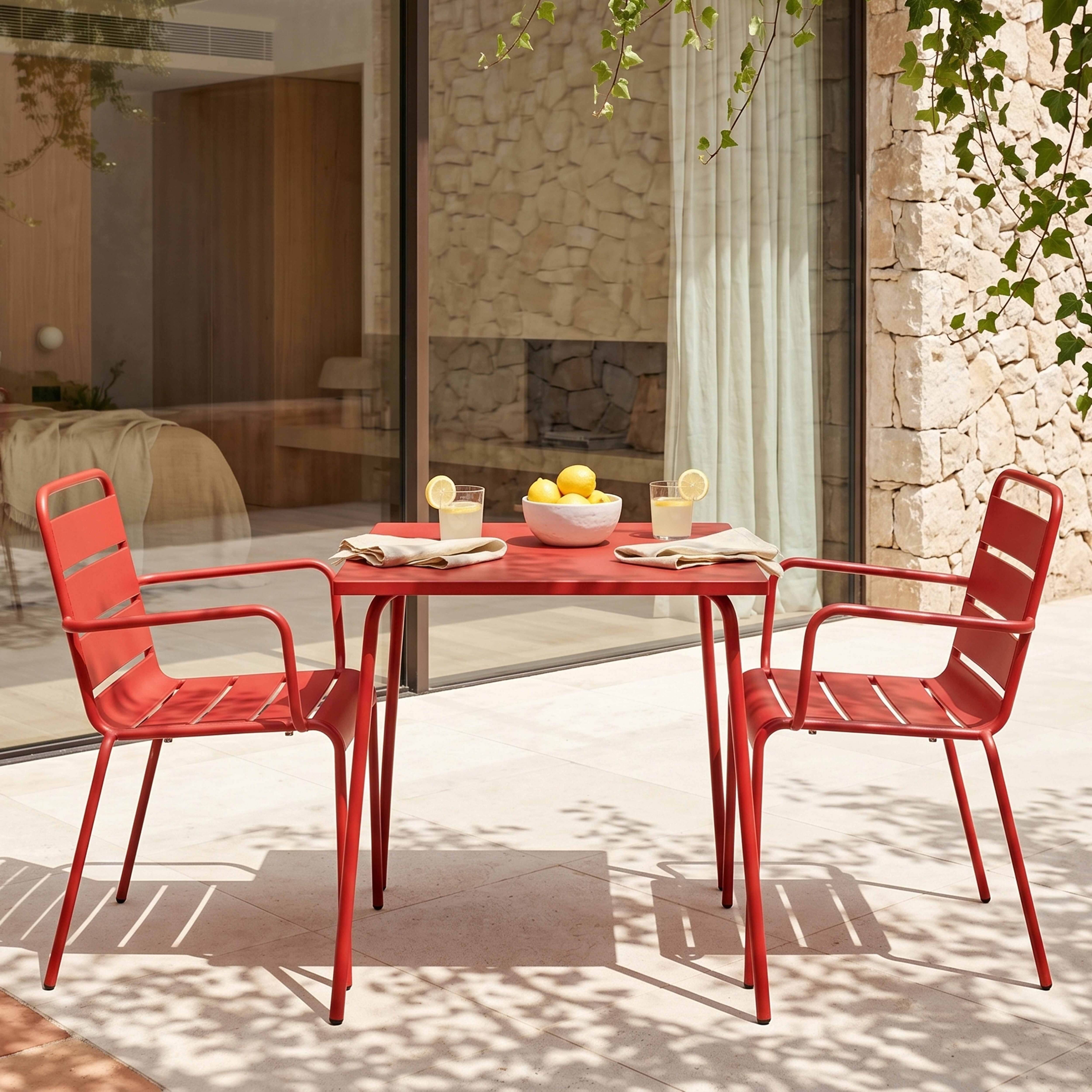 Oviala - Ensemble table de jardin carrée et 2 fauteuils acier rouge Palavas - Oviala - Imagen 2