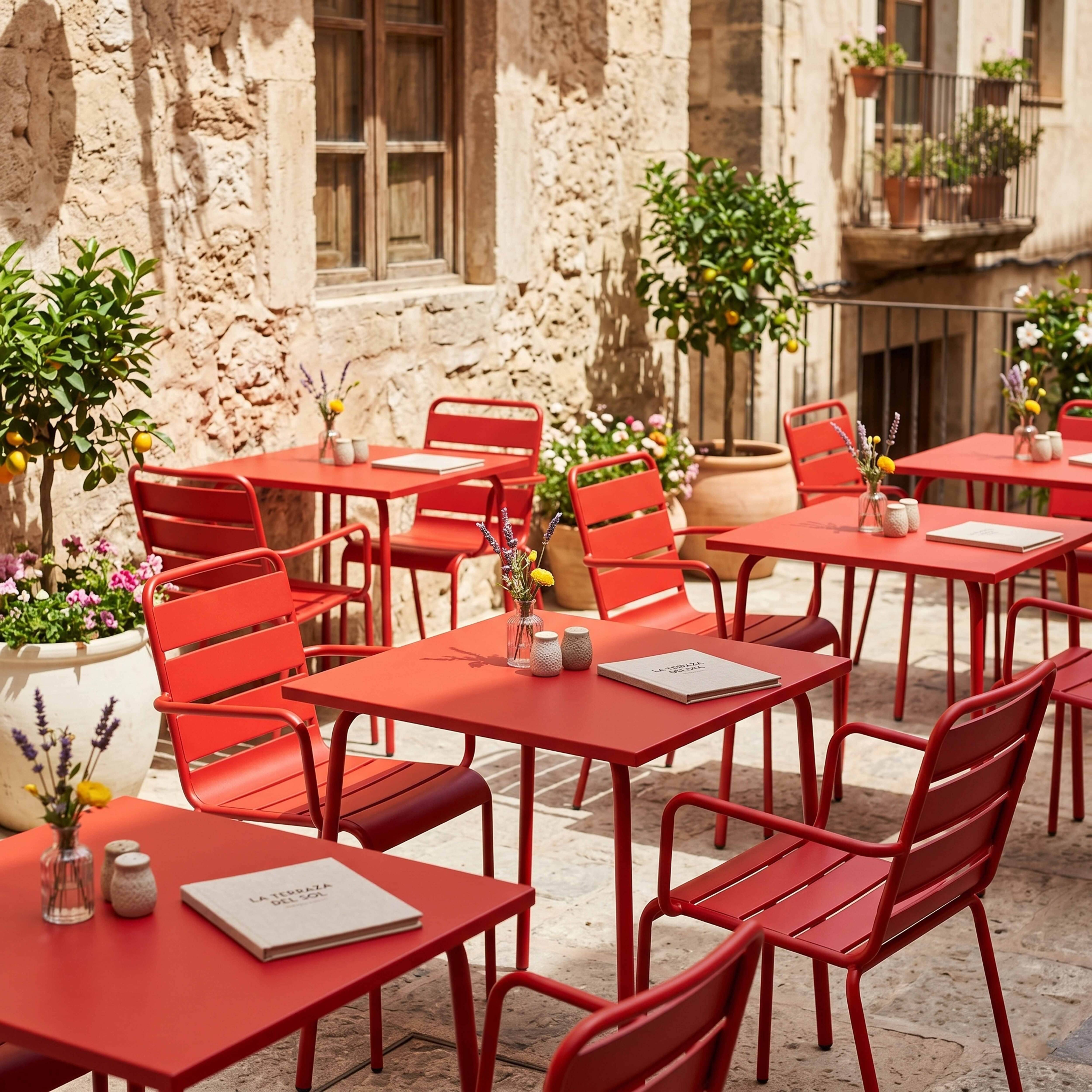 Oviala - Ensemble table de jardin carrée et 2 fauteuils acier rouge Palavas - Oviala - Imagen 4