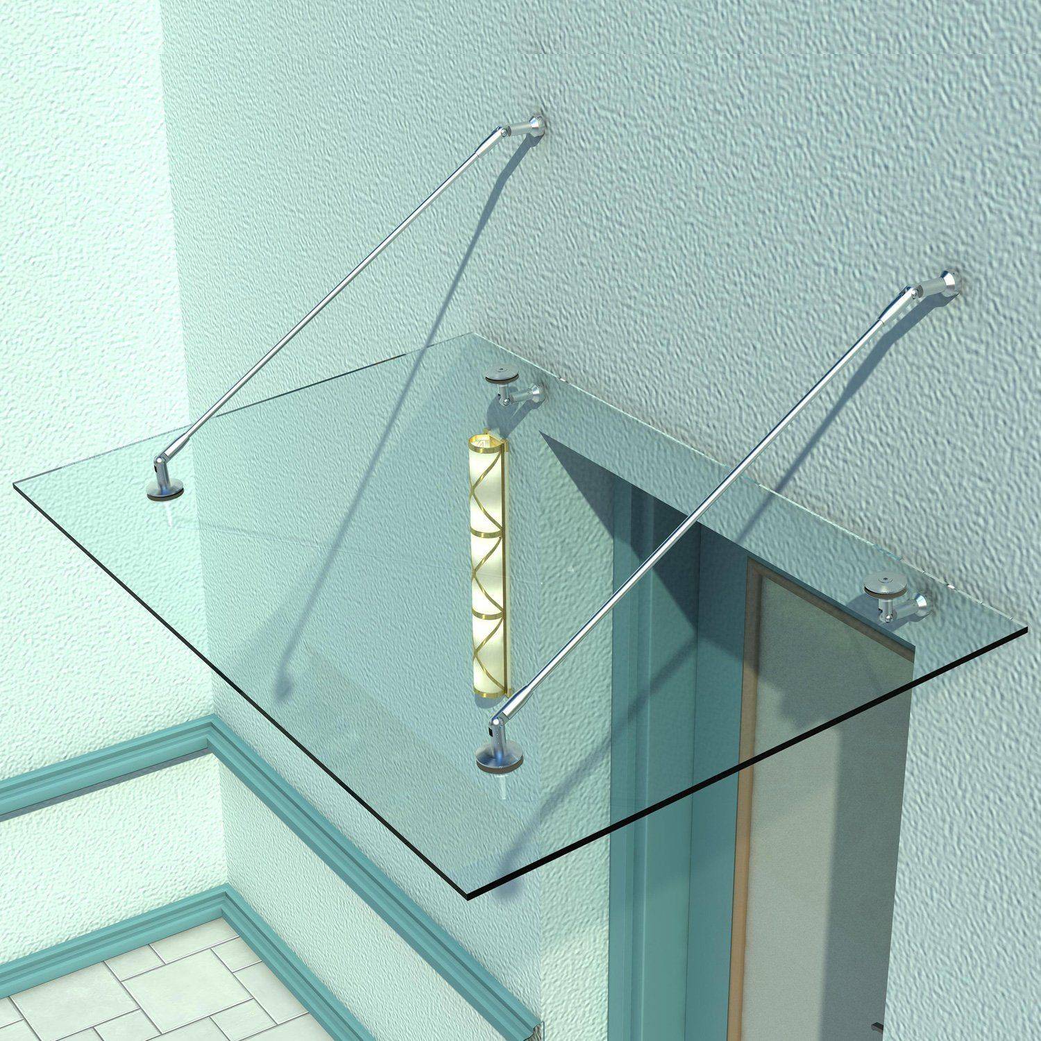 Marquise auvent porte verre trempé acier inoxydable protection pluie 150x90cm transparent - ComfortXL Outdoor Living - Image 2