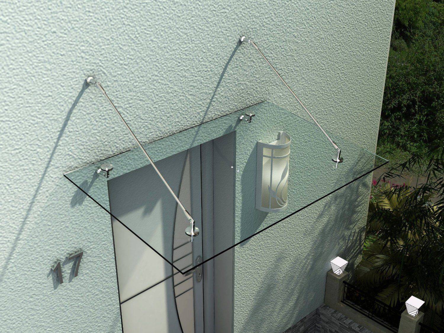 Marquise auvent porte verre trempé acier inoxydable protection pluie 150x90cm transparent - ComfortXL Outdoor Living - Image 3