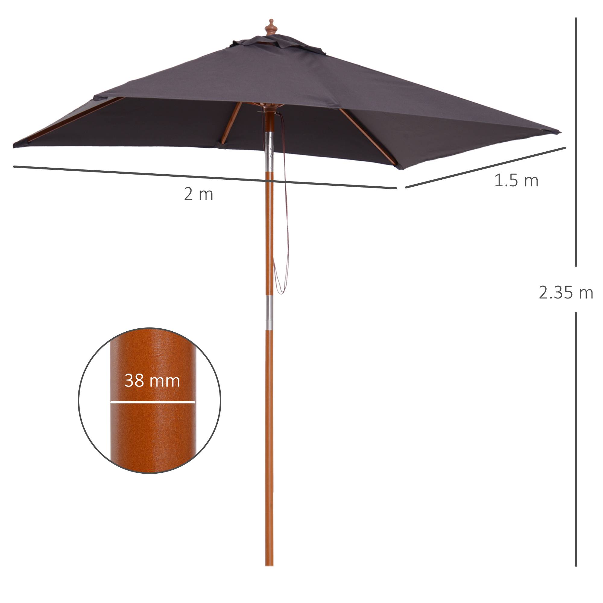 ComfortXL - Parasol Rectangulaire Bois pour Extérieur Inclinable à Corde 200x150 Gris Foncé - ComfortXL Outdoor Living - Image 5