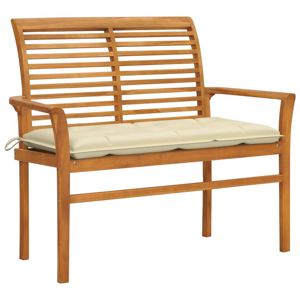 Helloshop26 - Banc de jardin meuble de patio d'extérieur terrasse avec coussin blanc crème 112 x 55 x 94 cm bois de teck - Imagen 1