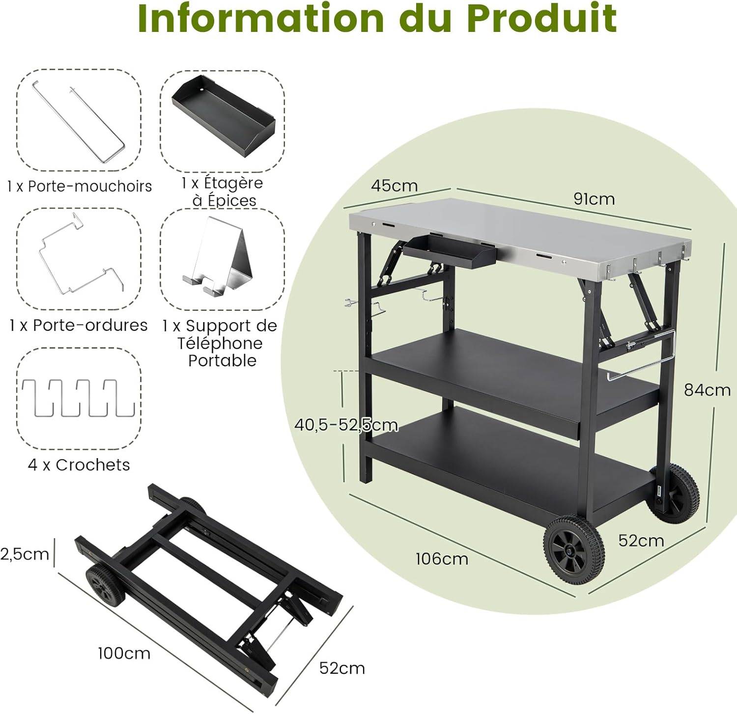 Costway - Desserte Extérieure à roulettes à 3 Étagères, Chariot Service de Cuisine Étagère Réglable Support de Téléphone - Image 6