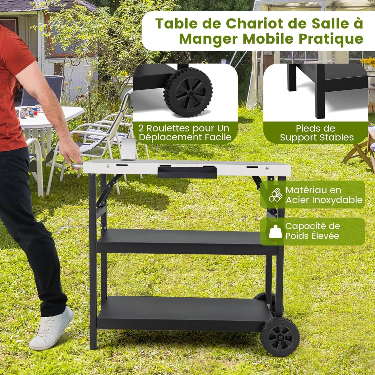 Costway - Desserte Extérieure à roulettes à 3 Étagères, Chariot Service de Cuisine Étagère Réglable Support de Téléphone - Image 5