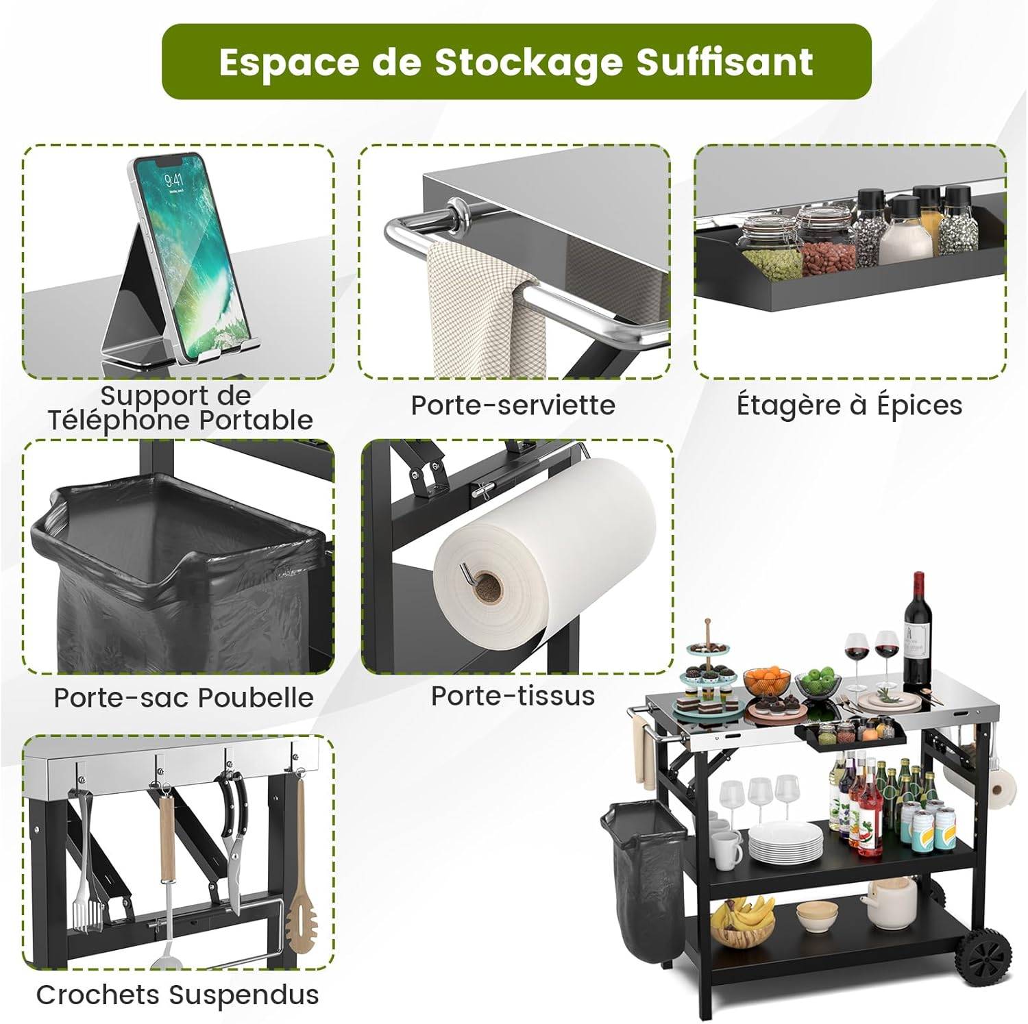 Costway - Desserte Extérieure à roulettes à 3 Étagères, Chariot Service de Cuisine Étagère Réglable Support de Téléphone - Image 4