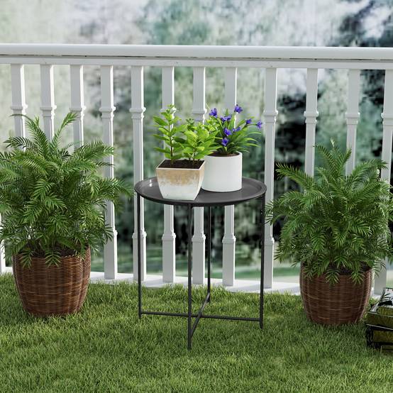 Outsunny - Table basse ronde jardin plateau amovible bord relevé pieds pliables cadre acier noir - Outsunny - Image 6