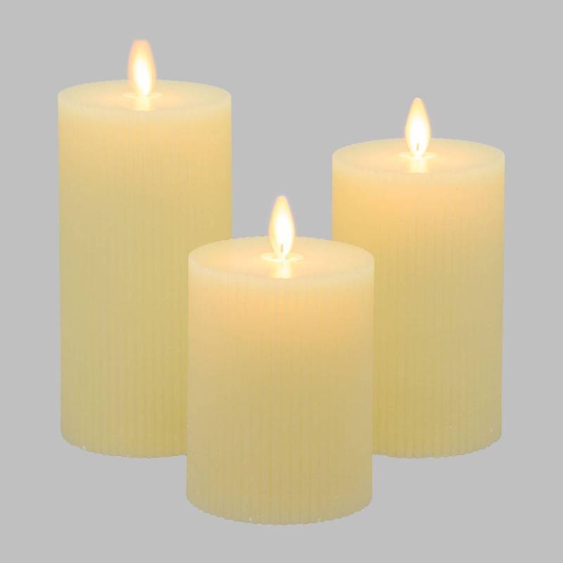 Lot de 3 Bougies Cylindriques Moving Flame avec Nervures Ø7,5cm H10/12,5/15cm Cire Ivoire avec Télécommande - Image 7