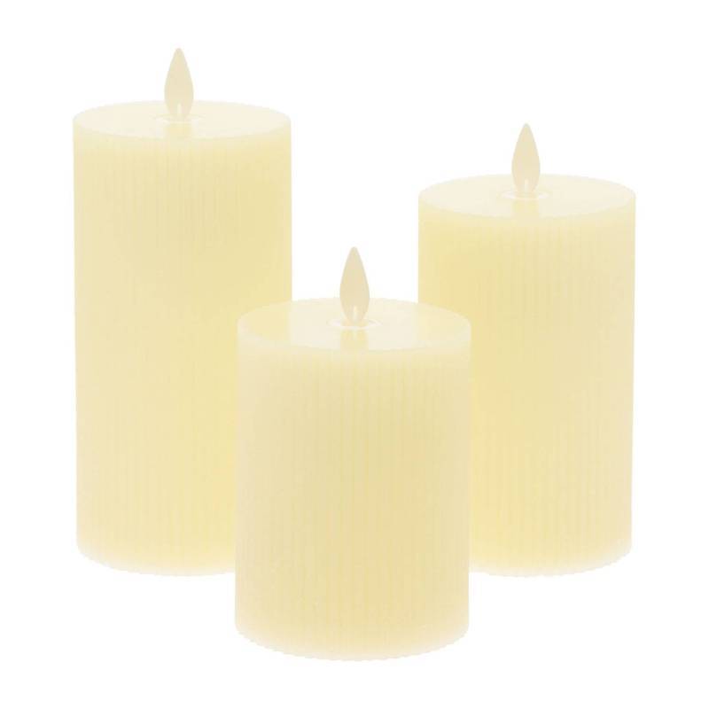 Lot de 3 Bougies Cylindriques Moving Flame avec Nervures Ø7,5cm H10/12,5/15cm Cire Ivoire avec Télécommande - Image 5