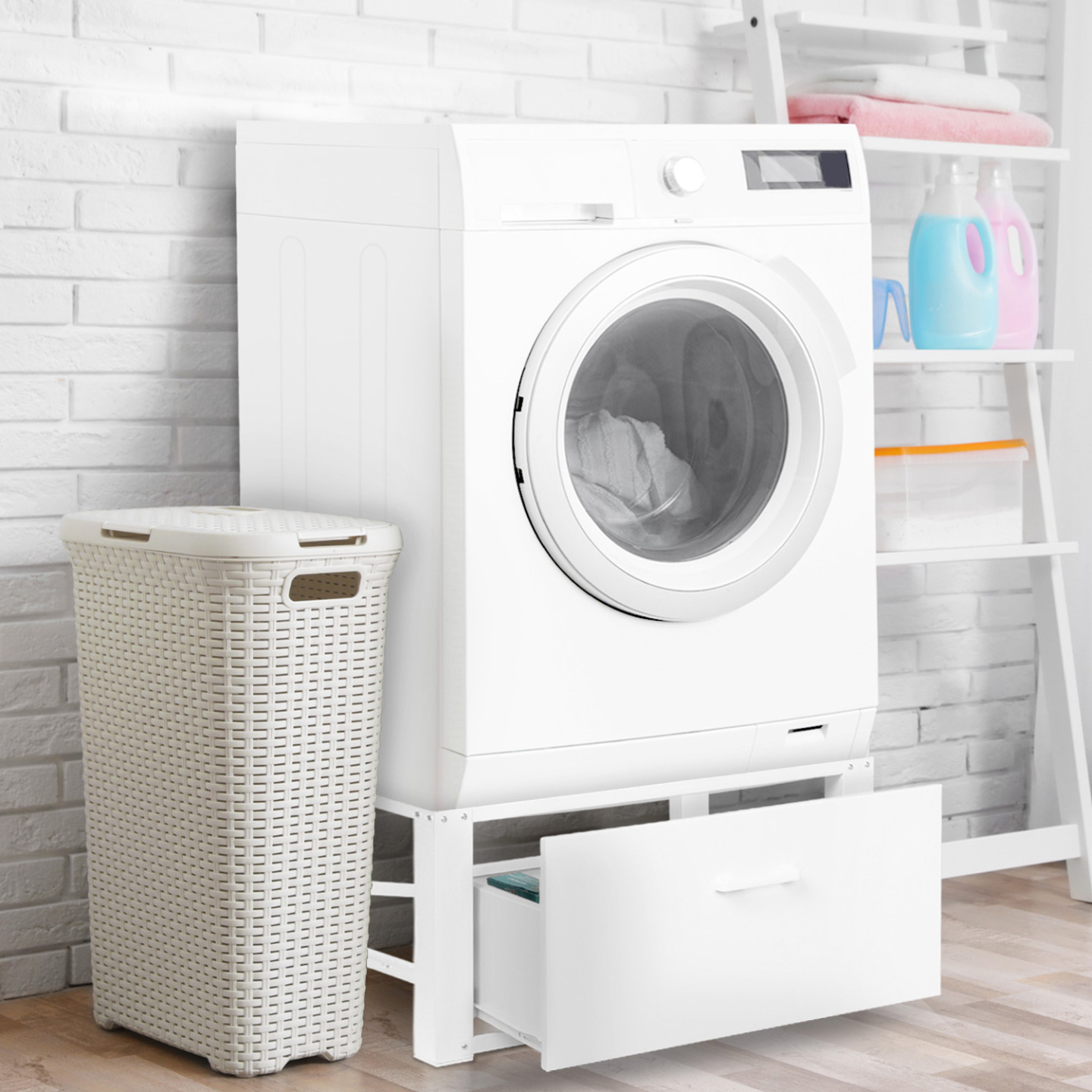 Support pour machine à laver 63 x 54 cm socle réhausseur en métal avec tiroir - Image 1