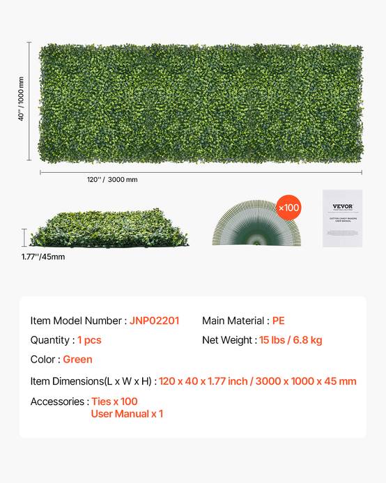 VEVOR Mur végétal artificiel 300x100cm, herbe, emboîtable, brise-vue, lierre. - Image 7