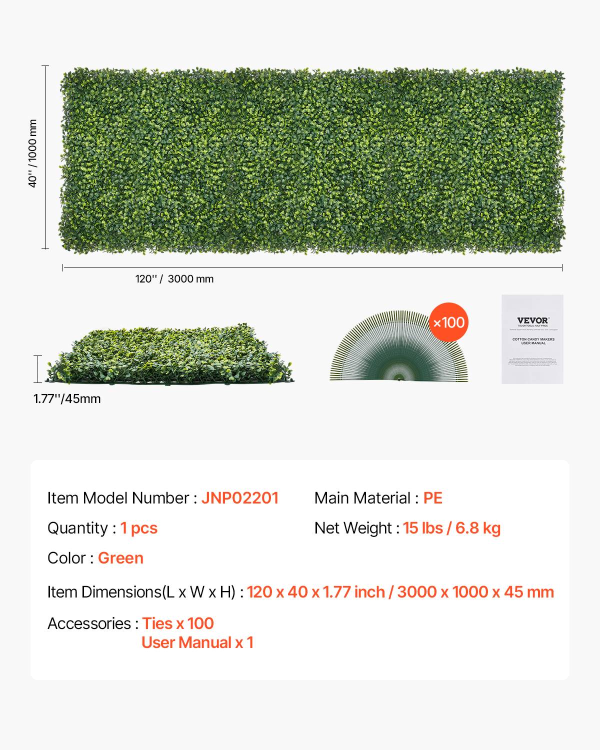VEVOR Mur végétal artificiel 300x100cm, herbe, emboîtable, brise-vue, lierre. - Image 7
