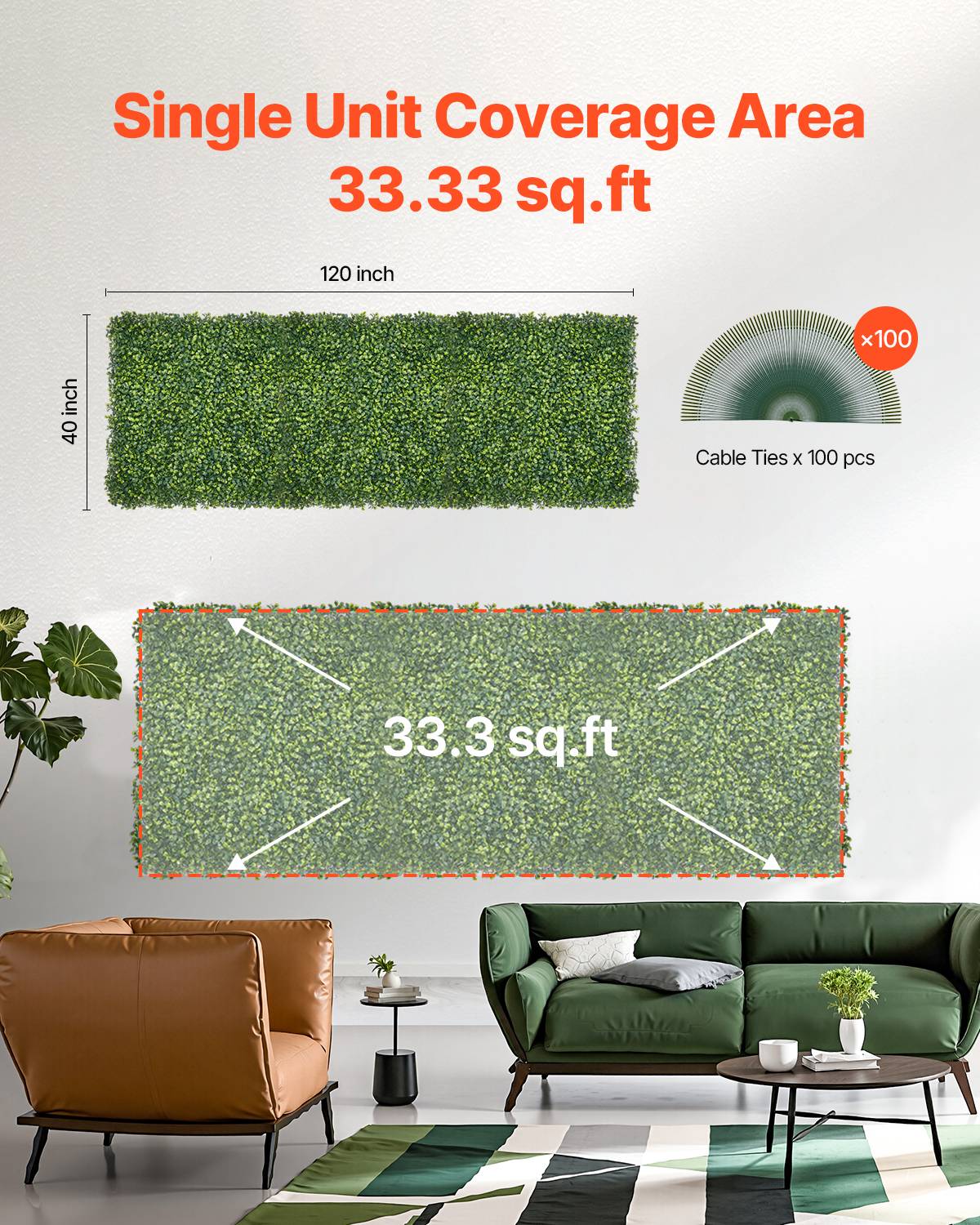 VEVOR Mur végétal artificiel 300x100cm, herbe, emboîtable, brise-vue, lierre. - Image 6