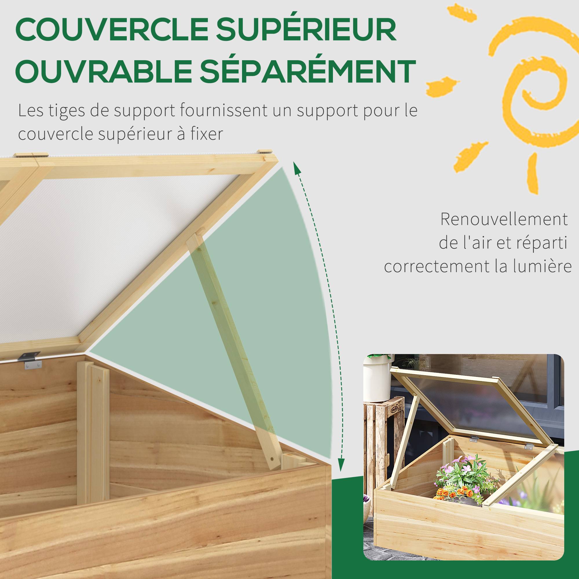 Outsunny - Mini Serre de Jardin pour semis 100x50x36 cm Toit 2 pans ouvrables séparément Polycarbonate Bois Sapin pré-huilé - Outsunny - Image 4