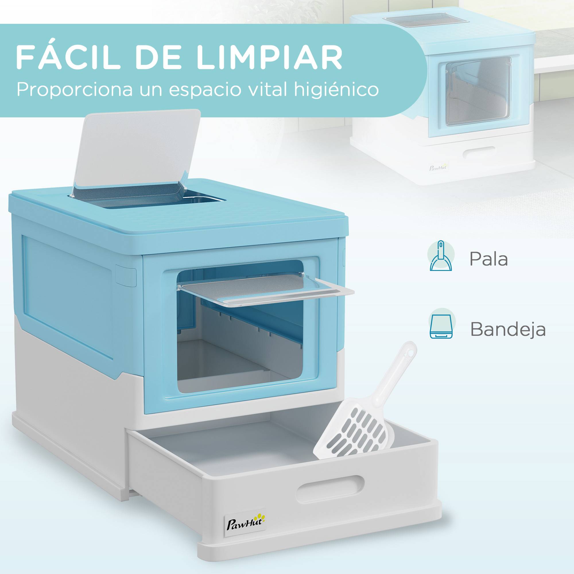 Litière couverte pliable bac extraible pelle 47,5x35,5x36,7 cm bleu - Image 6