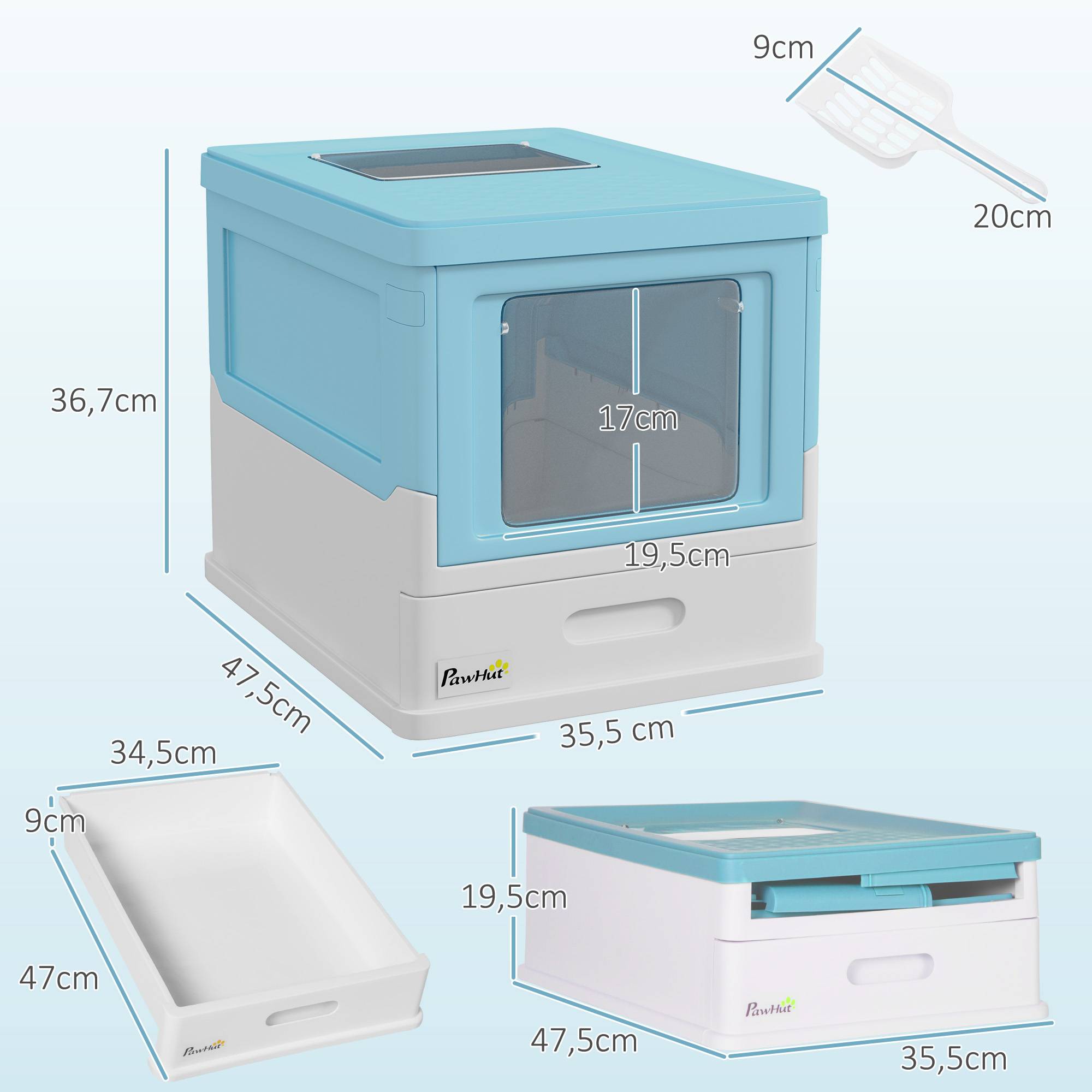 Litière couverte pliable bac extraible pelle 47,5x35,5x36,7 cm bleu - Image 5