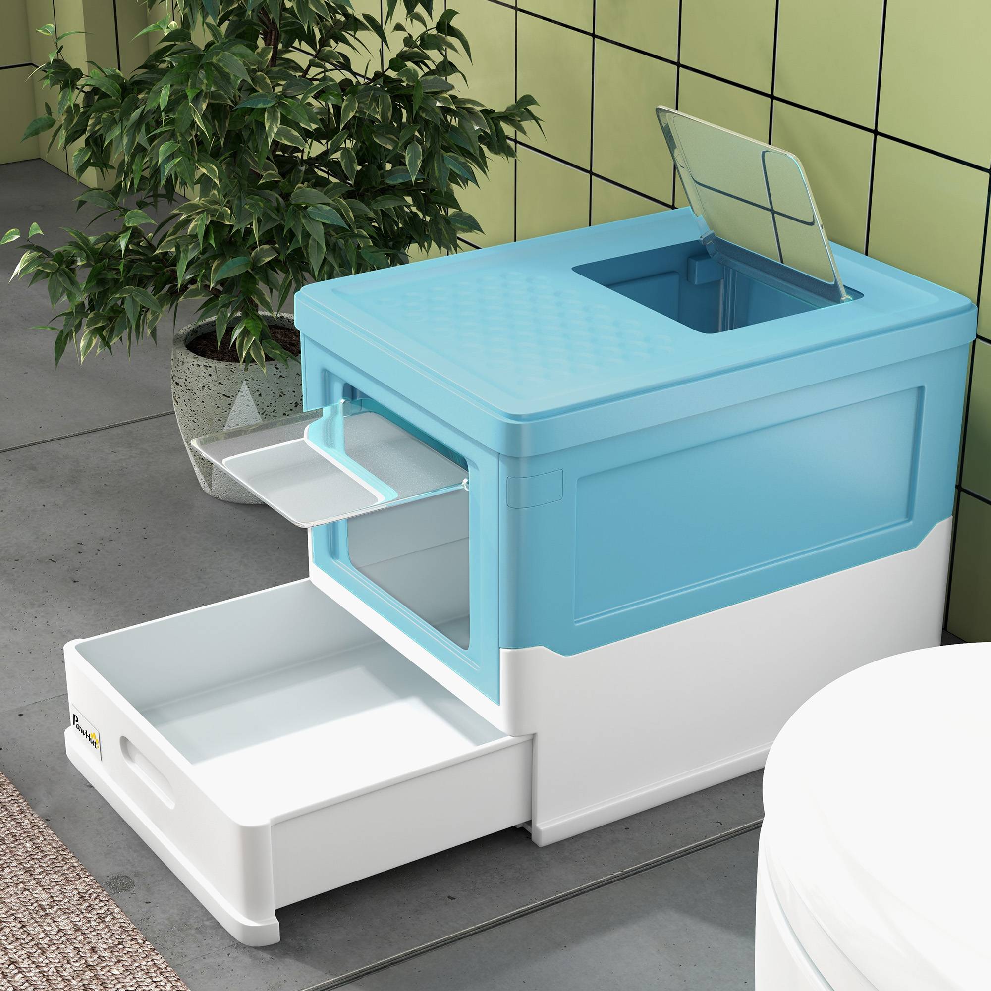 Litière couverte pliable bac extraible pelle 47,5x35,5x36,7 cm bleu - Image 10