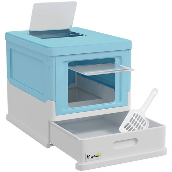 Litière couverte pliable bac extraible pelle 47,5x35,5x36,7 cm bleu - Image 1