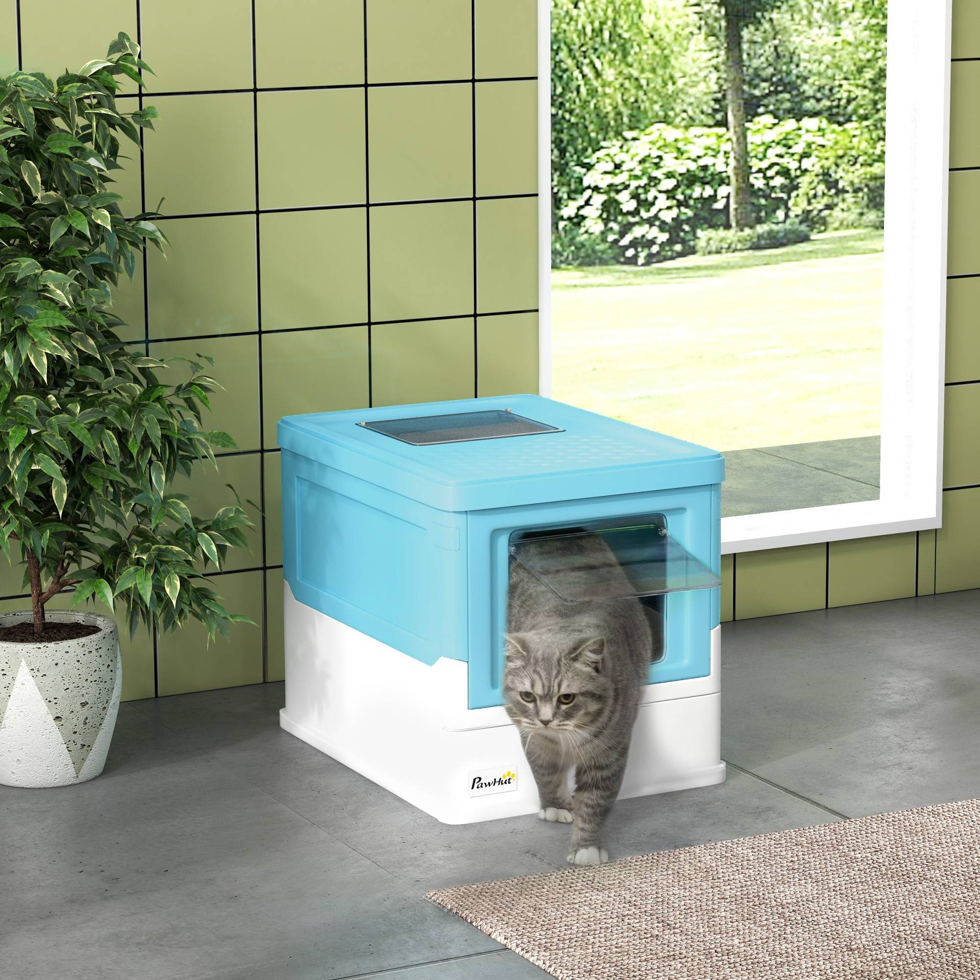 Litière couverte pliable bac extraible pelle 47,5x35,5x36,7 cm bleu - Image 3
