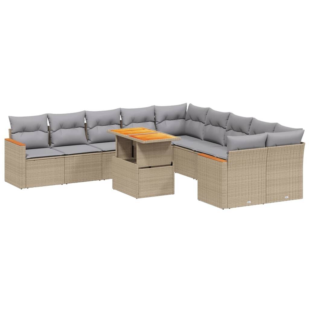 Salon de jardin 11 pcs Beige Résine Tressée Table transformable et Coussins Gris – ComfortXL Outdoor Living - Image 2