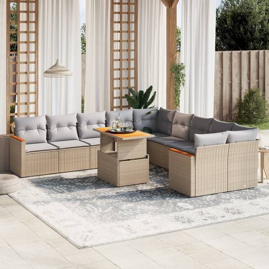 Salon de jardin 11 pcs Beige Résine Tressée Table transformable et Coussins Gris – ComfortXL Outdoor Living - Image 1