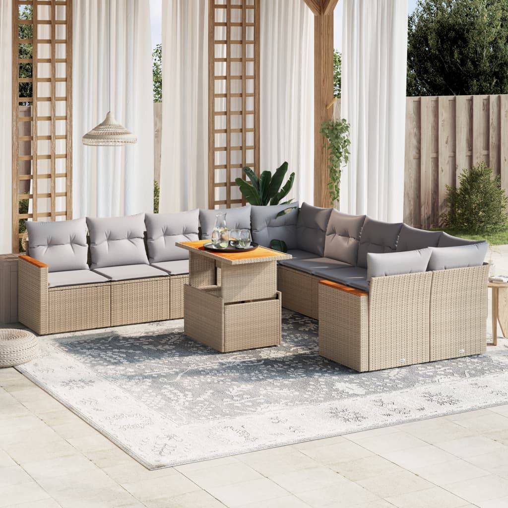 Salon de jardin 11 pcs Beige Résine Tressée Table transformable et Coussins Gris – ComfortXL Outdoor Living - Image 1