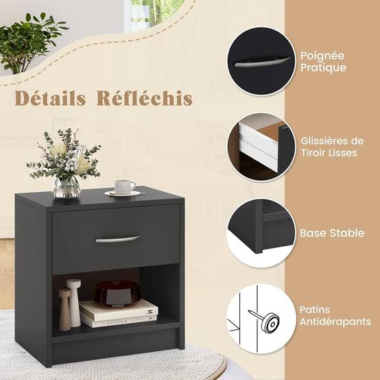 Table de Nuit avec Tiroir, Table de Chevet avec Étagère Ouverte, Chevet de Lit pour Petit Espace, Table d'Appoint Moderne (Gris,1 tiroir) - Image 6